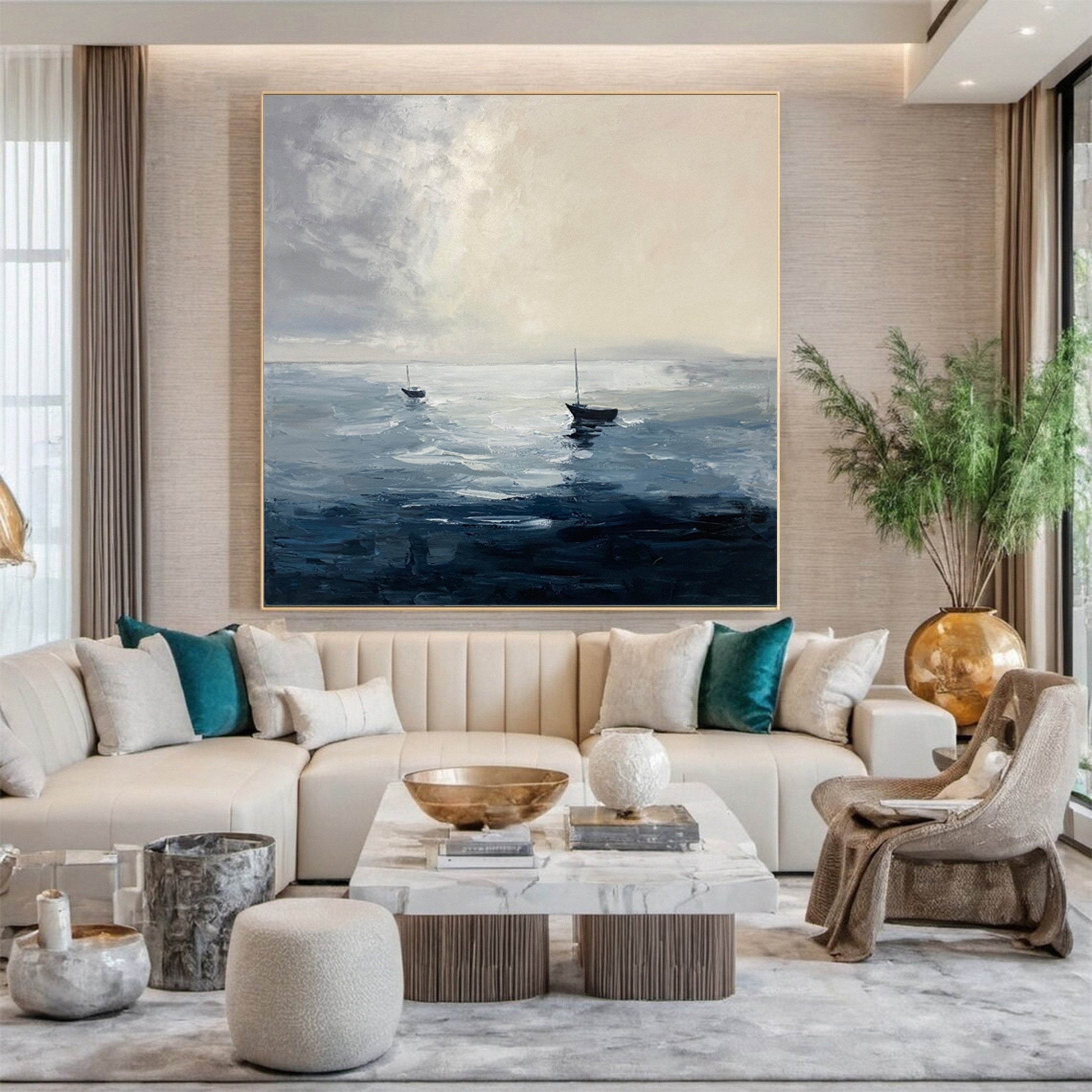 Still Waters, Distant Sails: Minimalist Marine Art with Two Boats #MM647