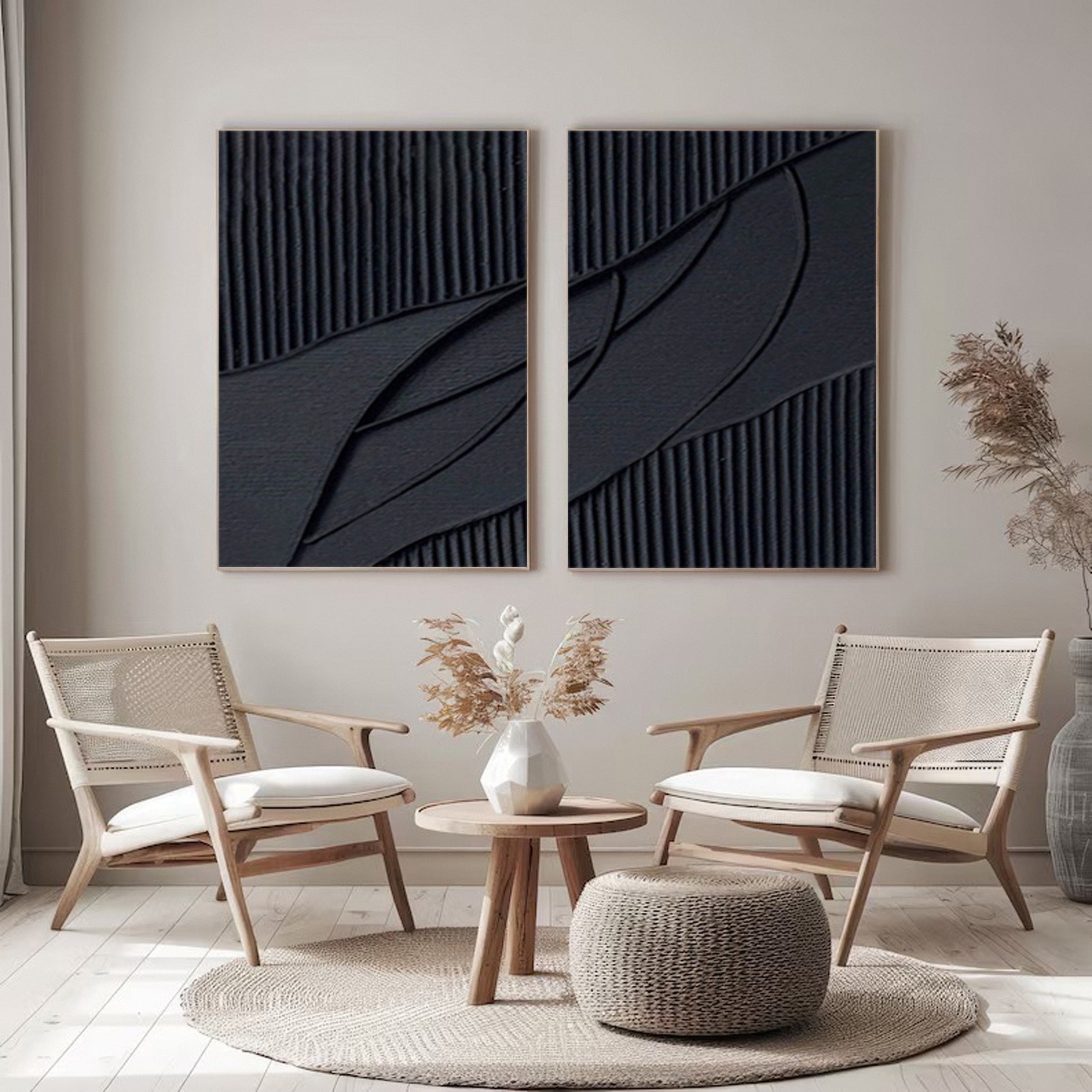 Black Textured Abstract Diptych Minimalist Wall Art Set