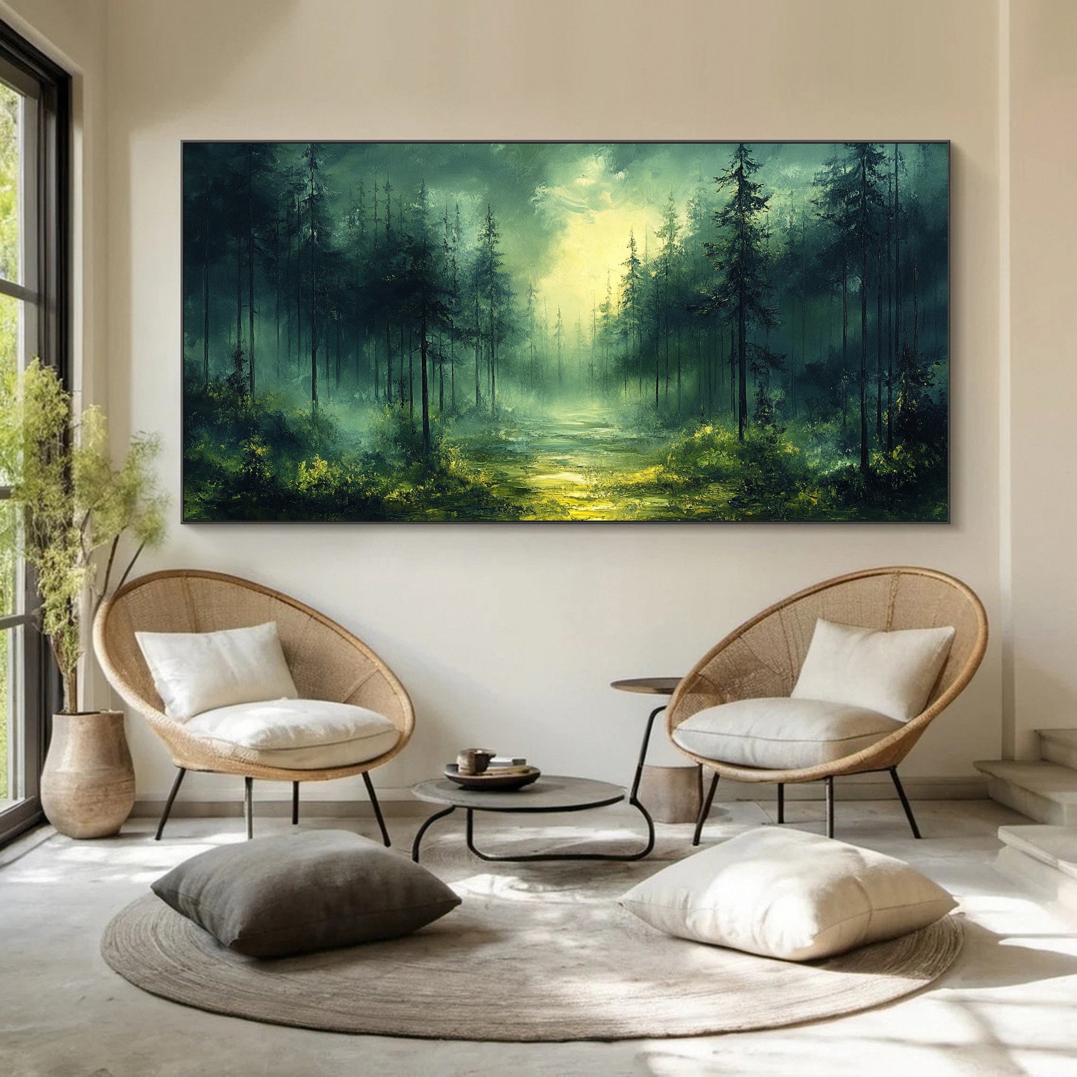 Green Forest Sunrise Canvas Large Landscape Wall Art for Home #TP036