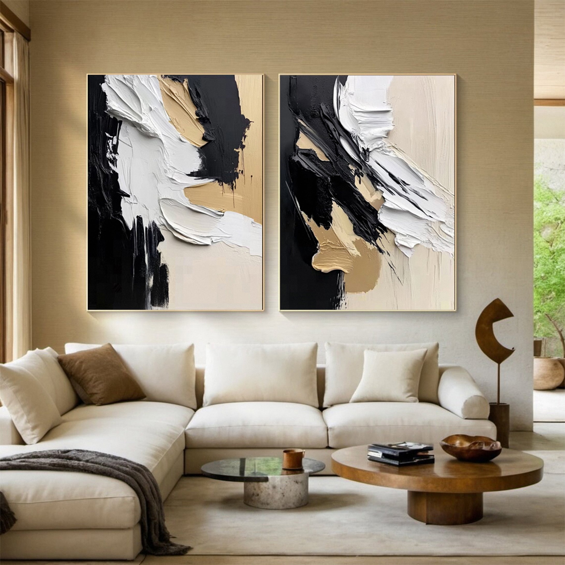 Abstract Black and Beige Textured Canvas Modern Wall Art Diptych #MMS055