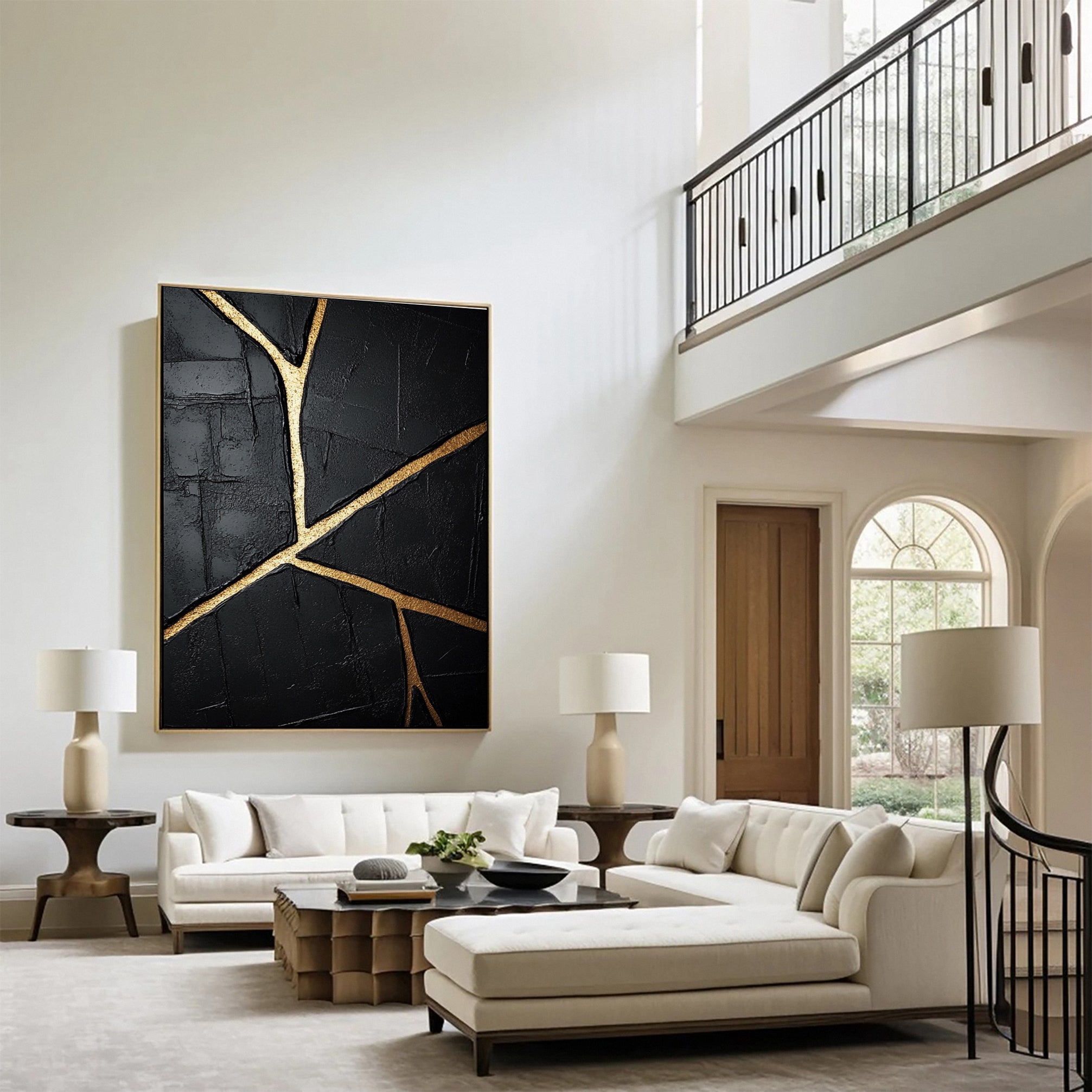 Gold Streaked Black Abstract Canvas for Elegant Interiors #MM109