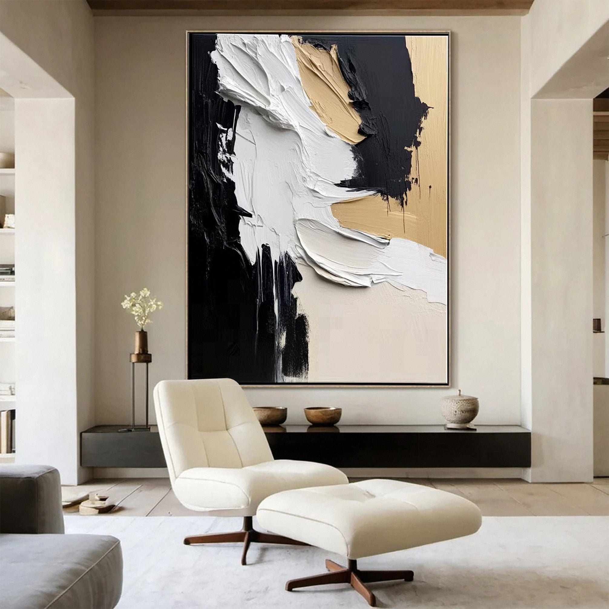 Modern Abstract Black & Beige Canvas Art Textured Elegance #MM134