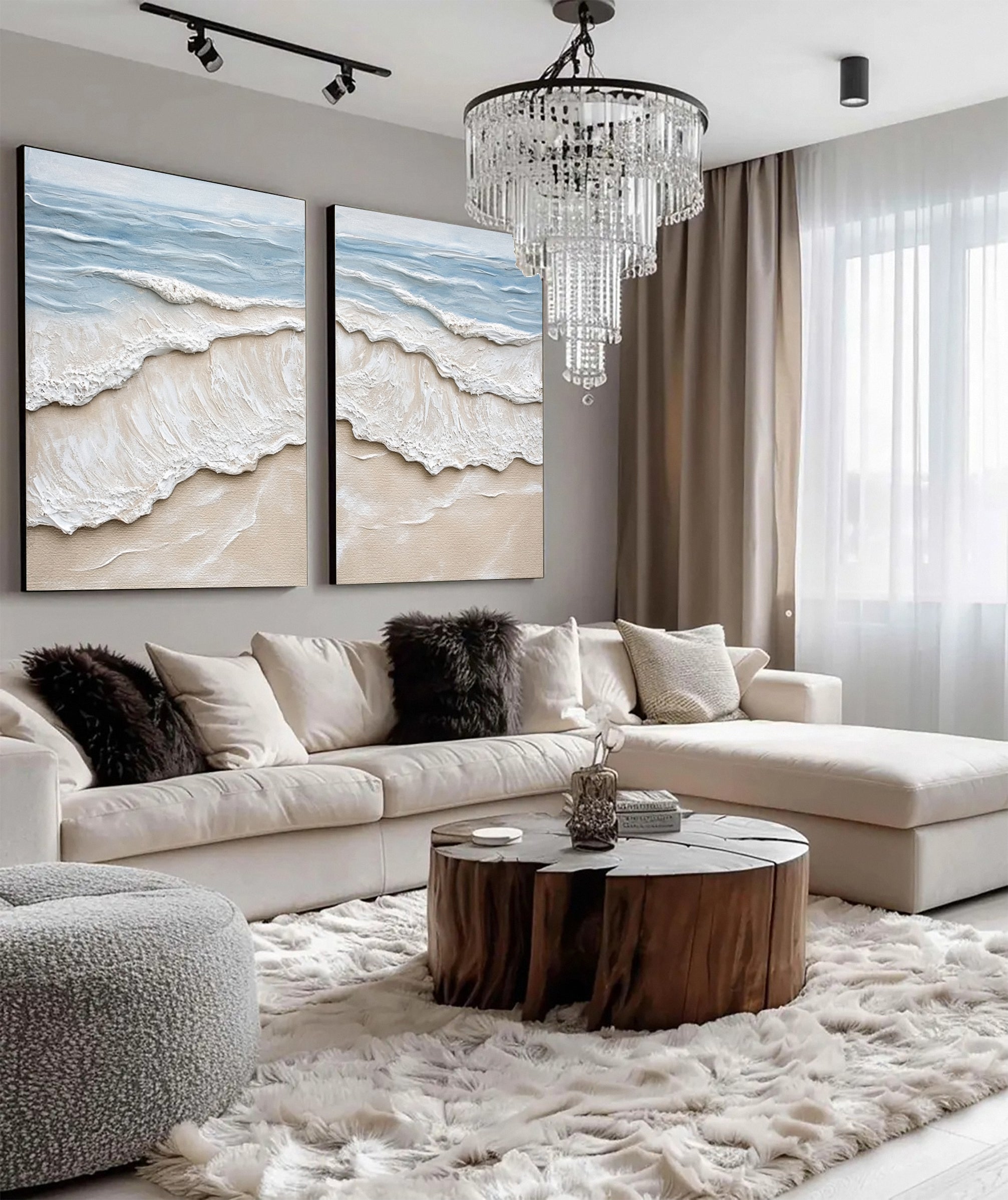 Textured Coastal Wash Diptych: Aerial Seascape with 3D Waves #MM641