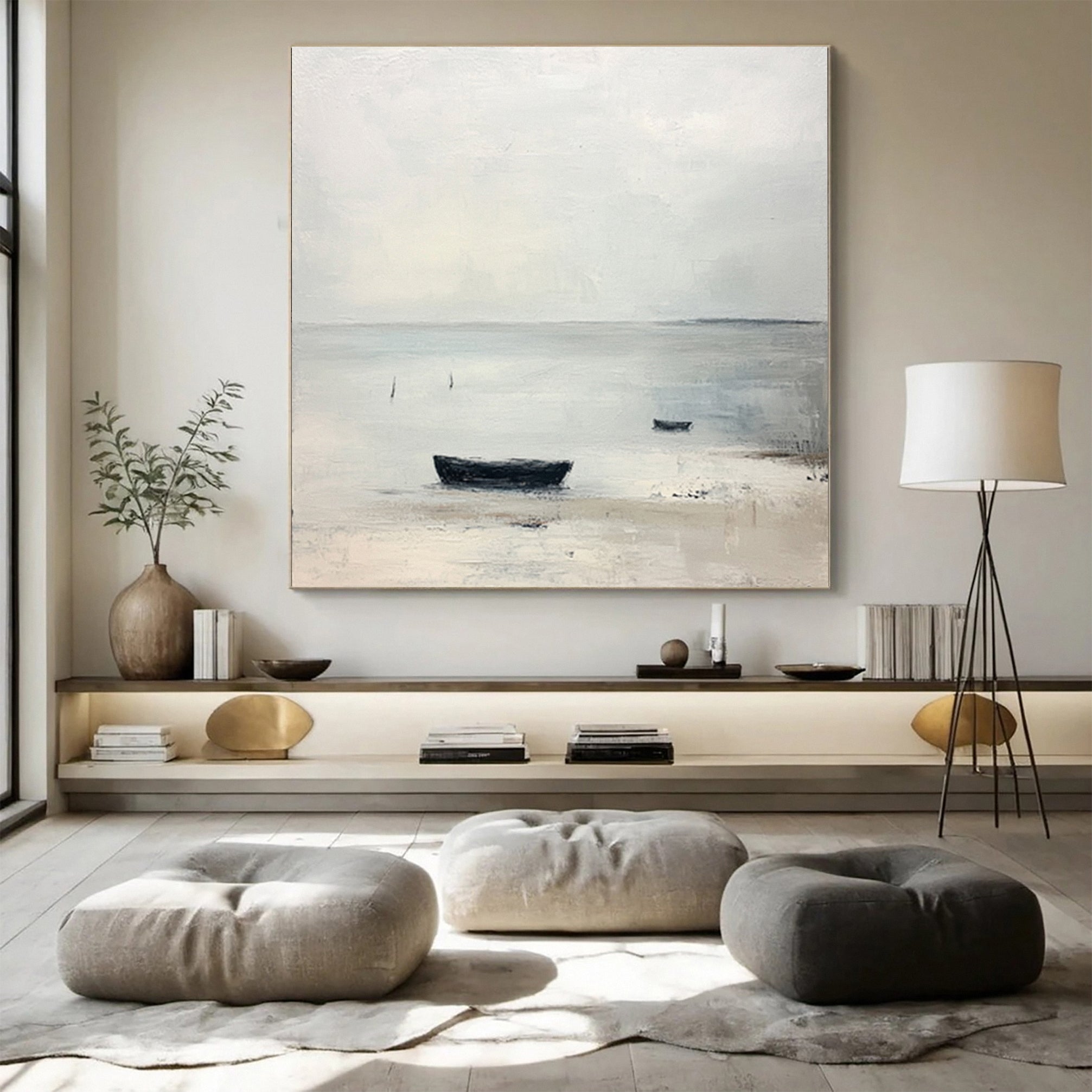 Quiet Coastal Solitude: Minimalist Beach Painting with Rowboat #MM631