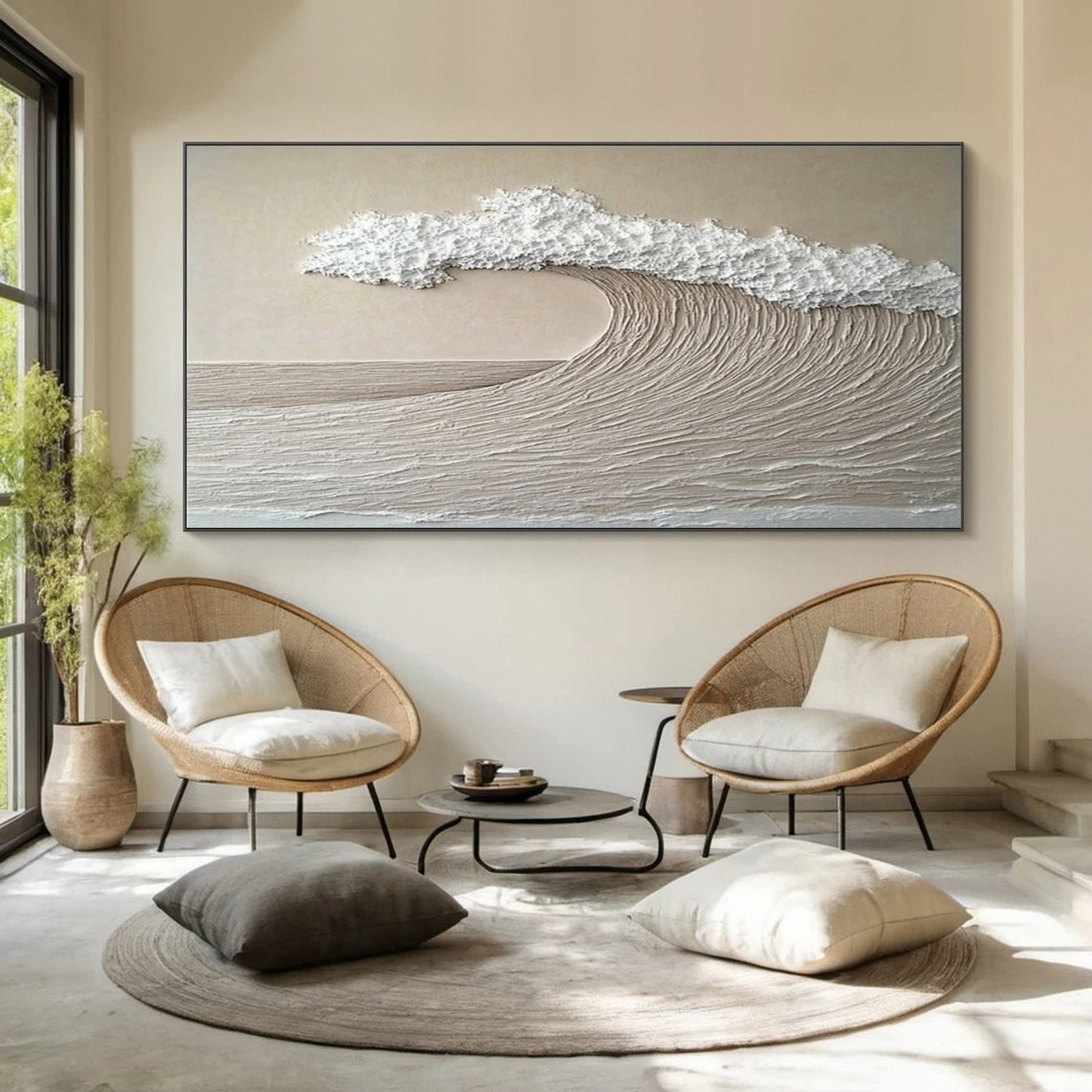 Minimalist Wave Wall Art Textured Neutral Coastal Canvas #OP044