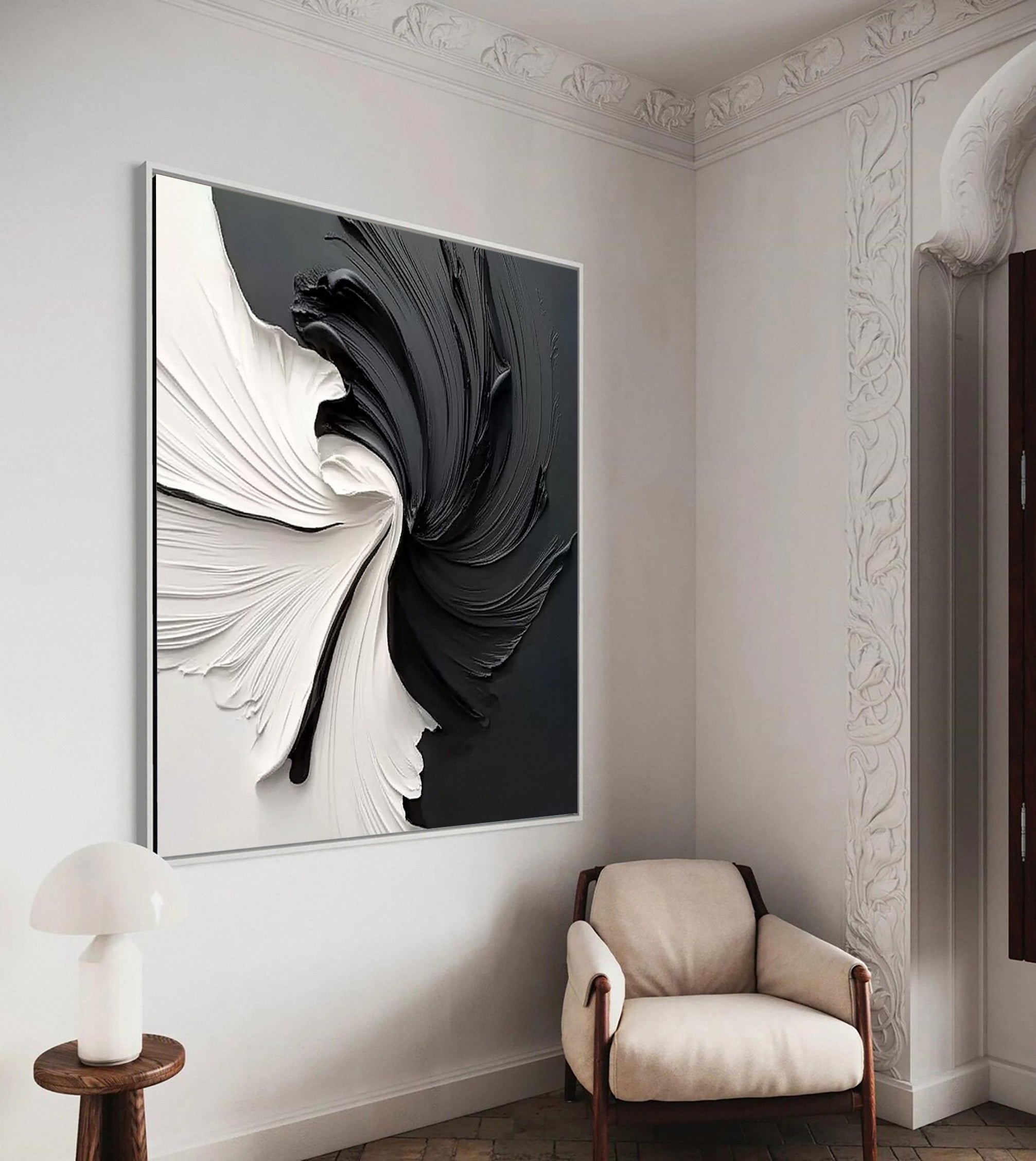 Oversized Black and White Textured Swirl Art Minimalist Decor #MM153