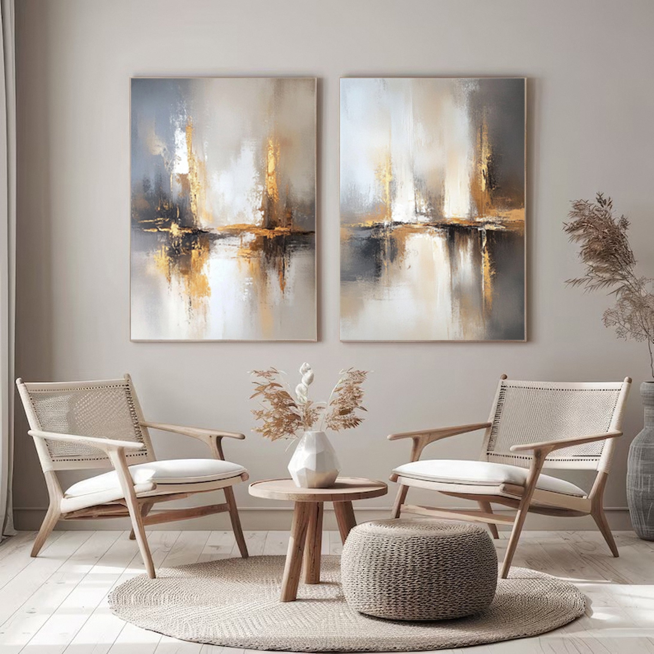 Gold and Grey Diptych Abstract Wall Art Set of 2