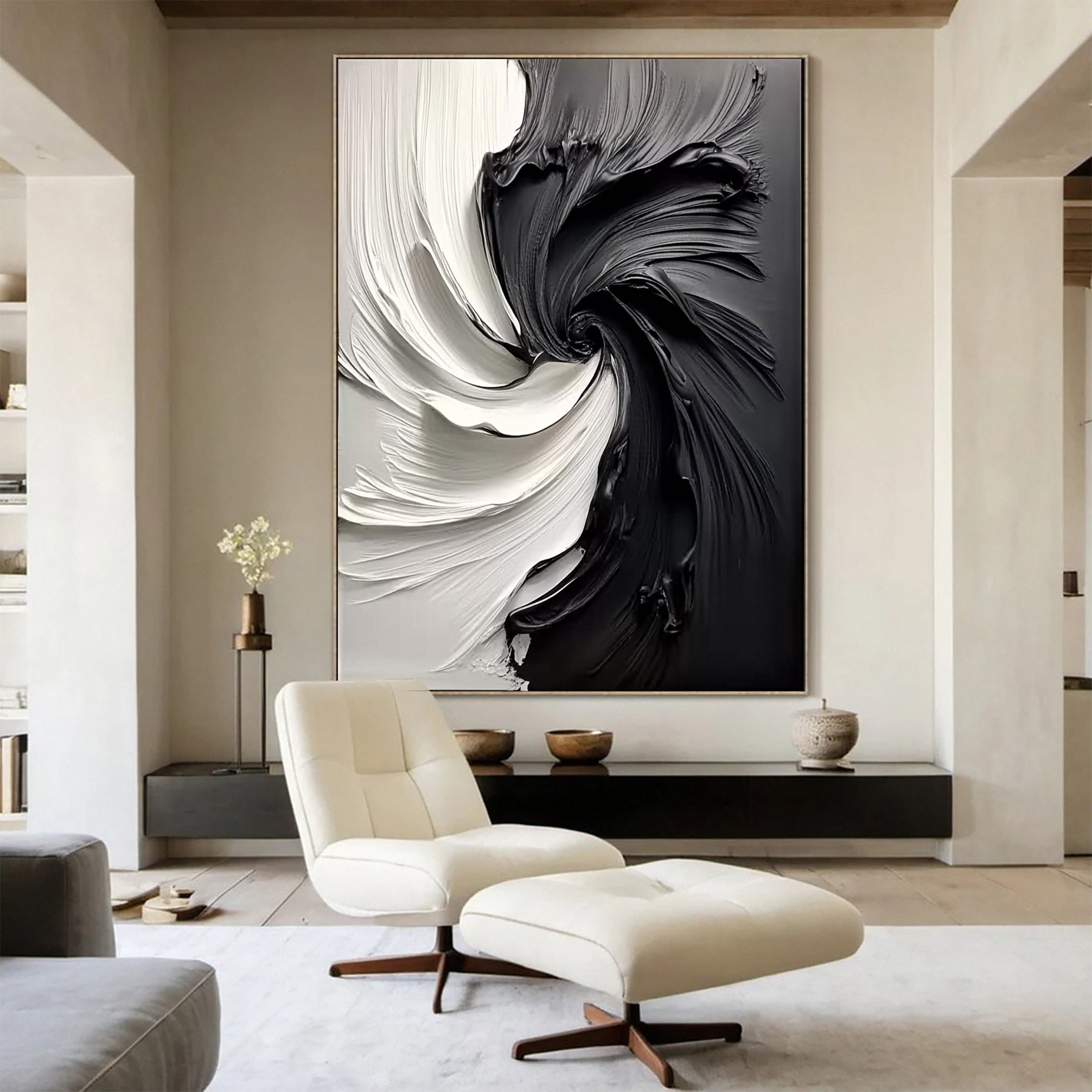 Large Black and White Abstract Swirl Canvas Wall Art #MM154