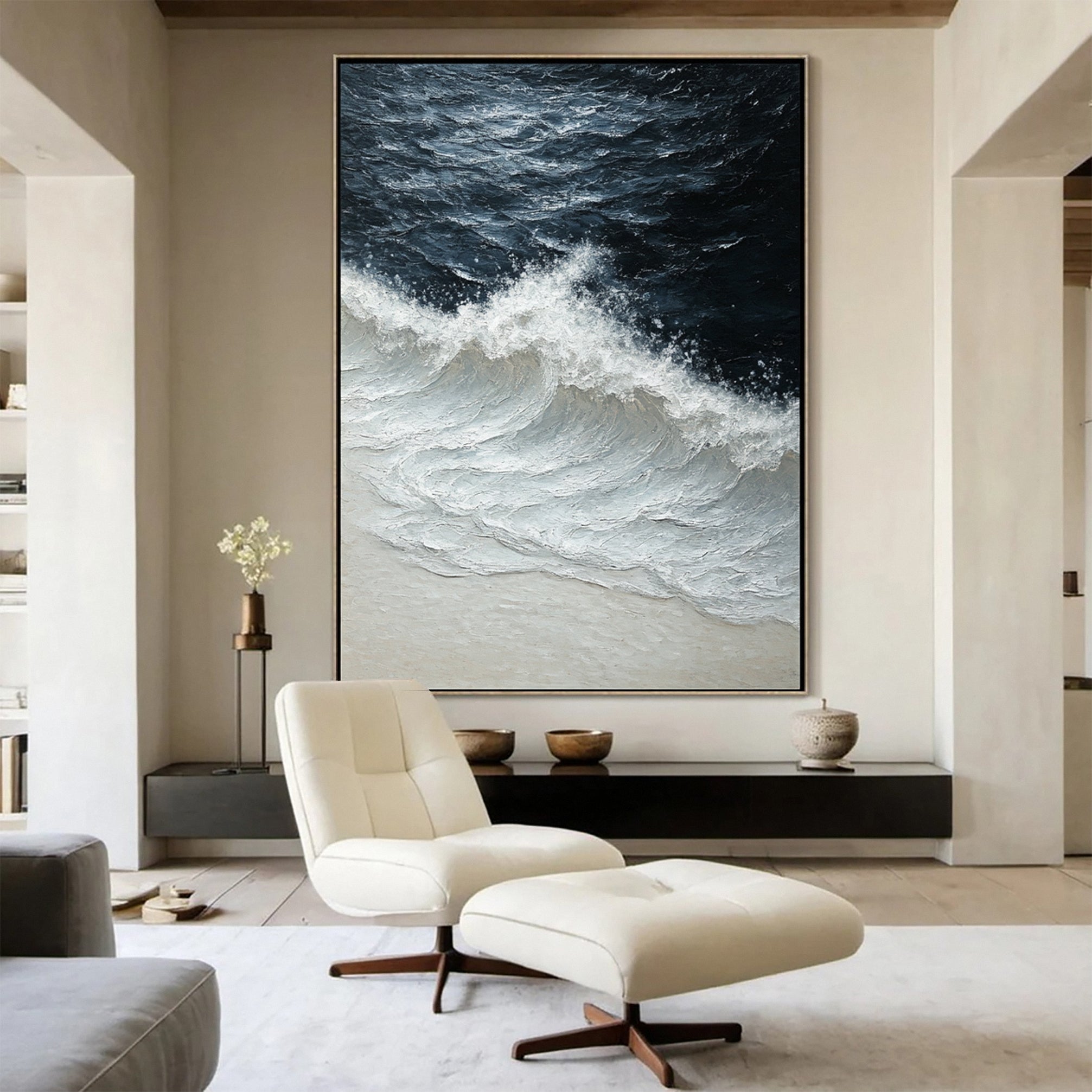 Modern Coastal Wall Art White Textured Ocean Canvas #OP037