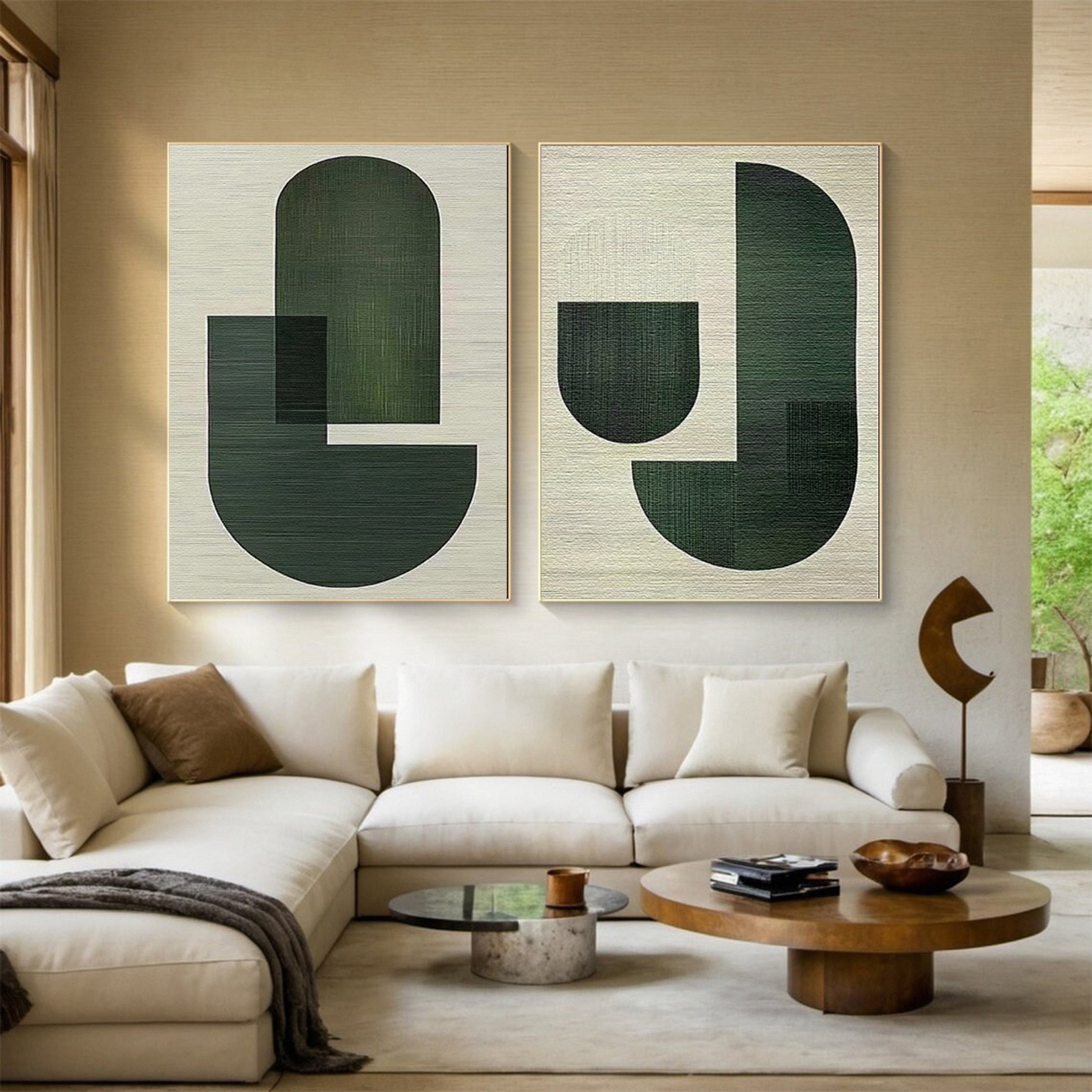 Modern Geometric Canvas Wabi Sabi Art Green and Beige Diptych #MMS059