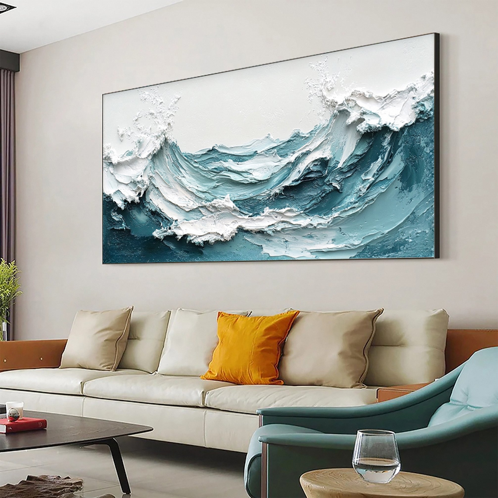 Chic Blue Wave Painting for Sophisticated Homes Decor #OP016