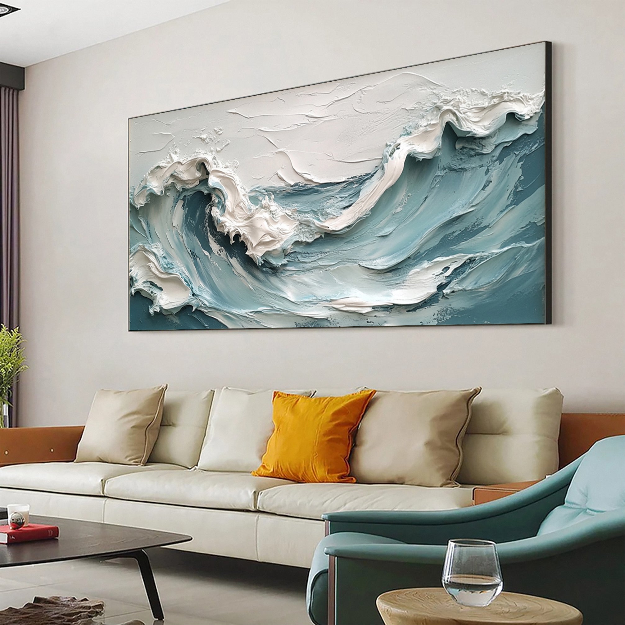 Textured Ocean Wave Painting Modern Coastal Canvas Art for House #OP017