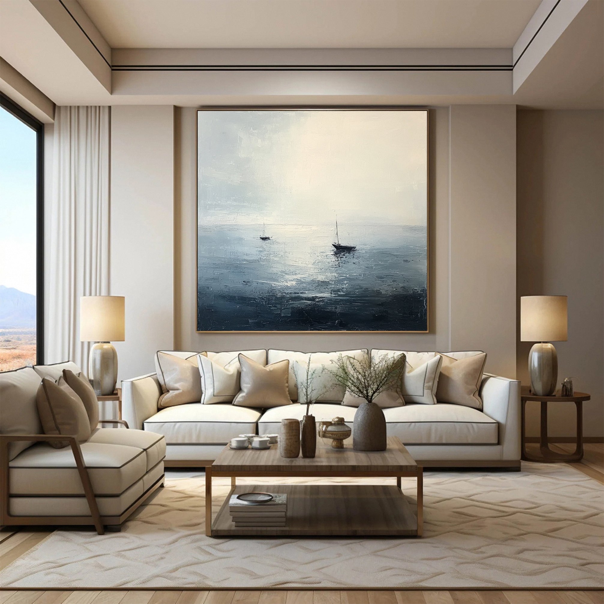 Tranquil Ocean Painting with Sailboats for Modern Homes #AB031