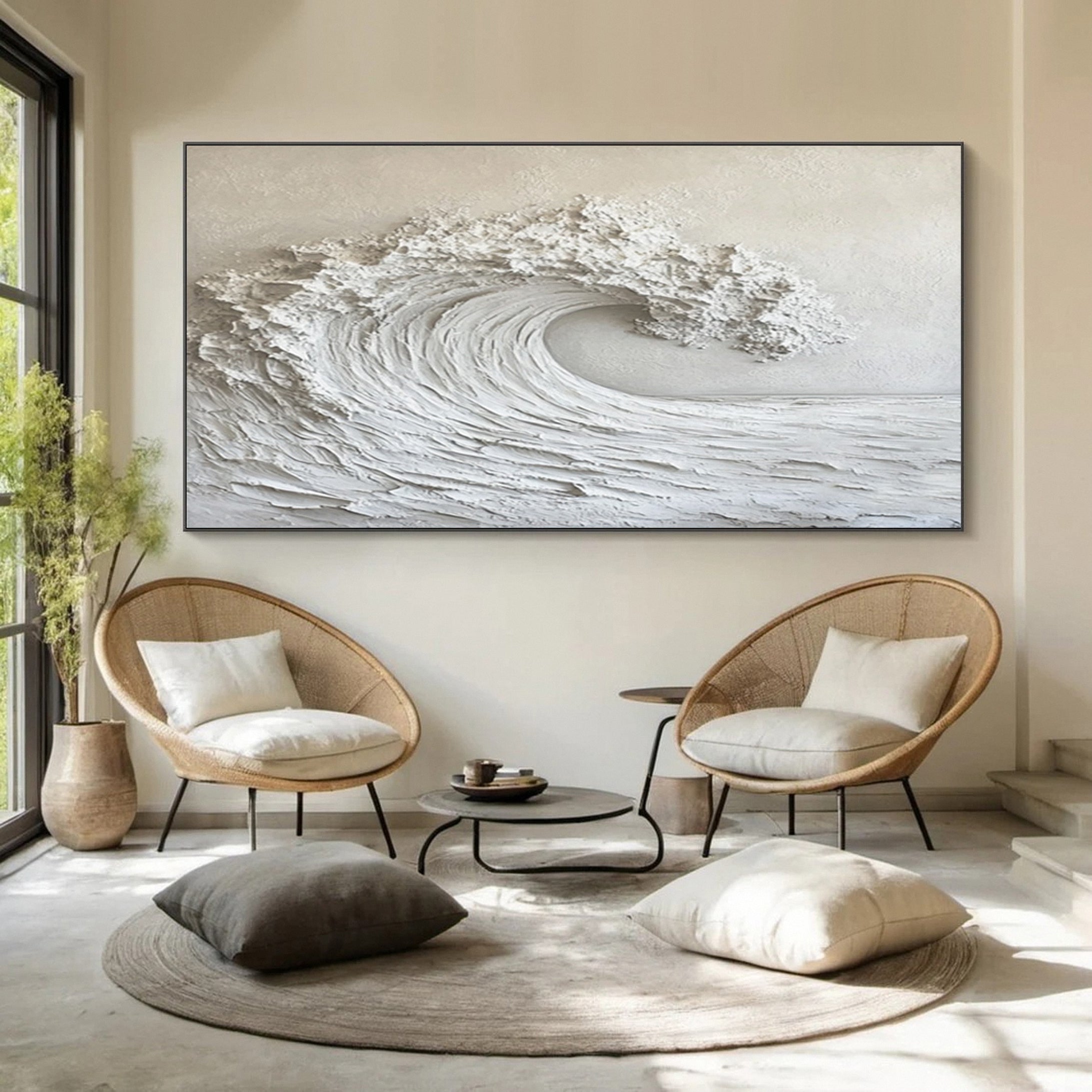 Modern Neutral Wave Art Large Coastal Canvas Decor #OP026