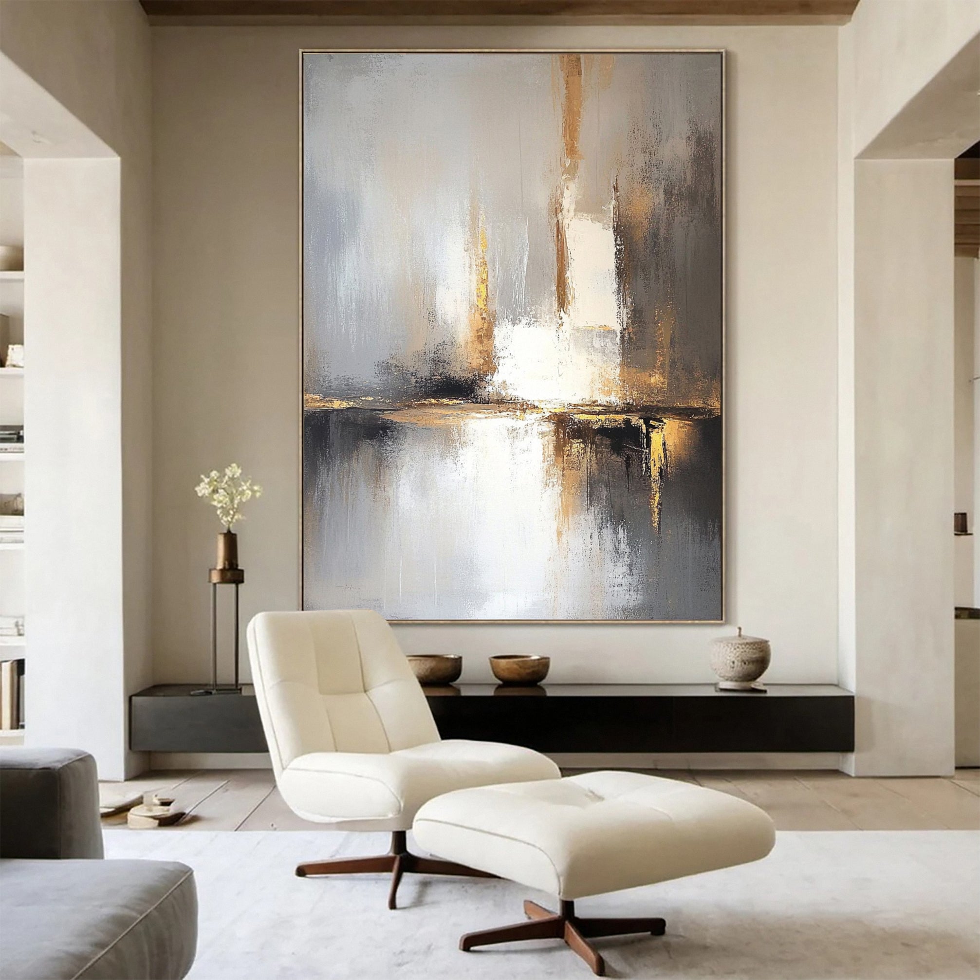 Elegant Abstract Painting in Gold and Grey Tones #AB054