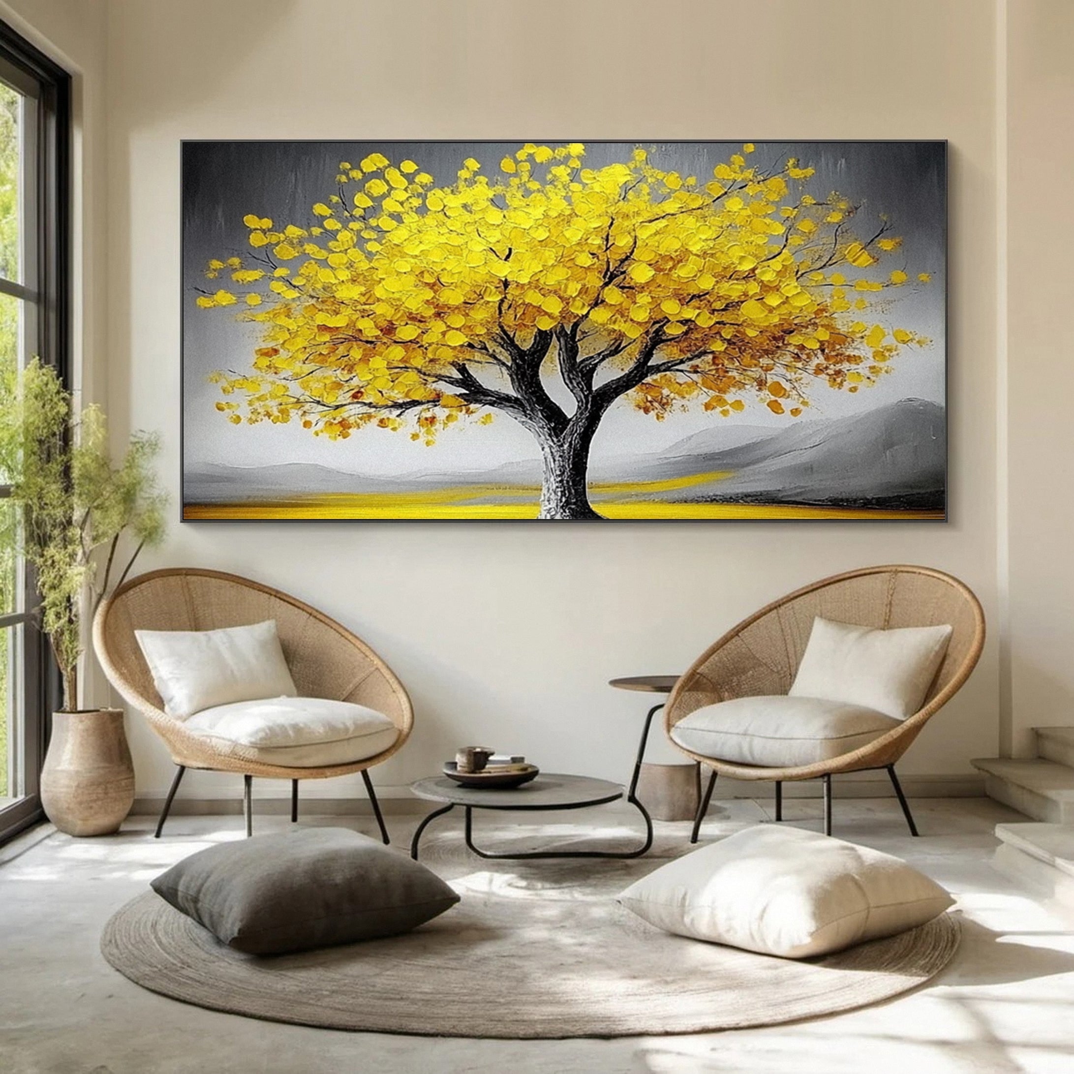 Large Abstract Tree Wall Art Yellow Color and Dynamic Texture #TP029