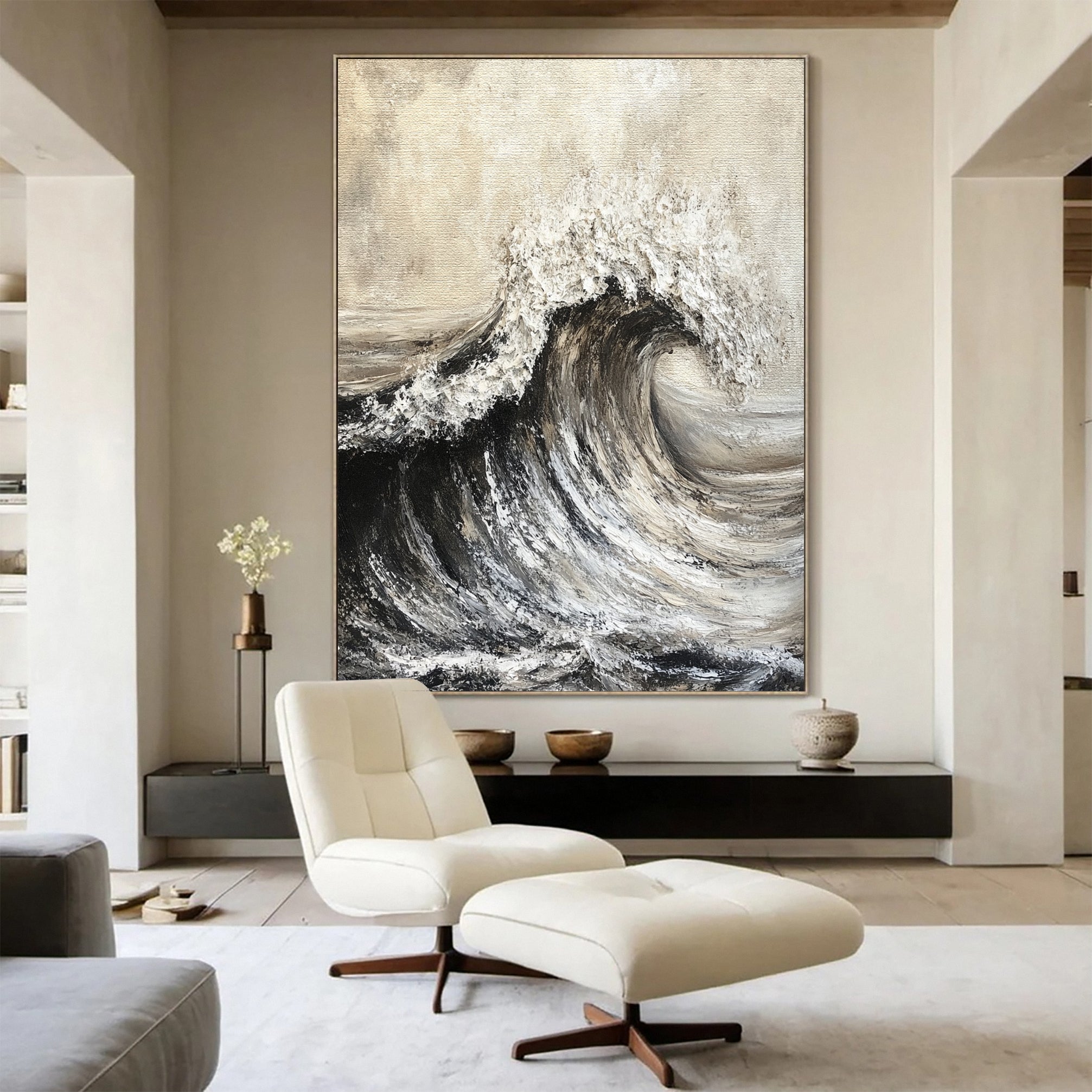 Abstract Coastal Wave Painting Textured Monochrome Canvas #OP042