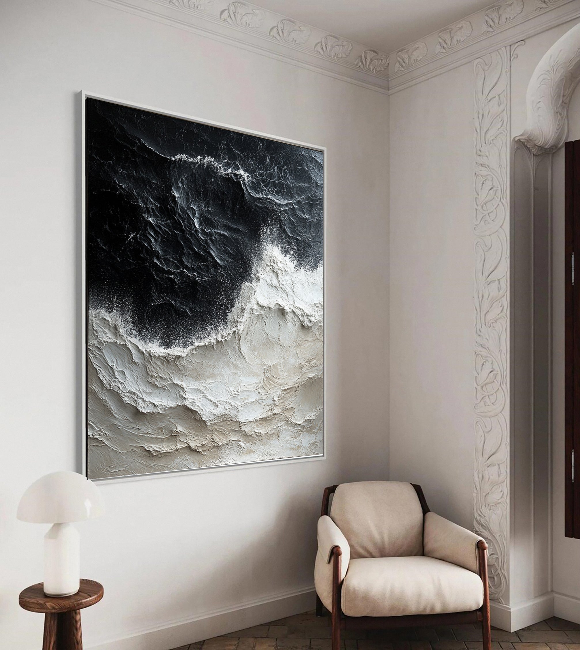 Abstract Black and Beige Wall Art Textured Ocean Canvas Decor #OP040