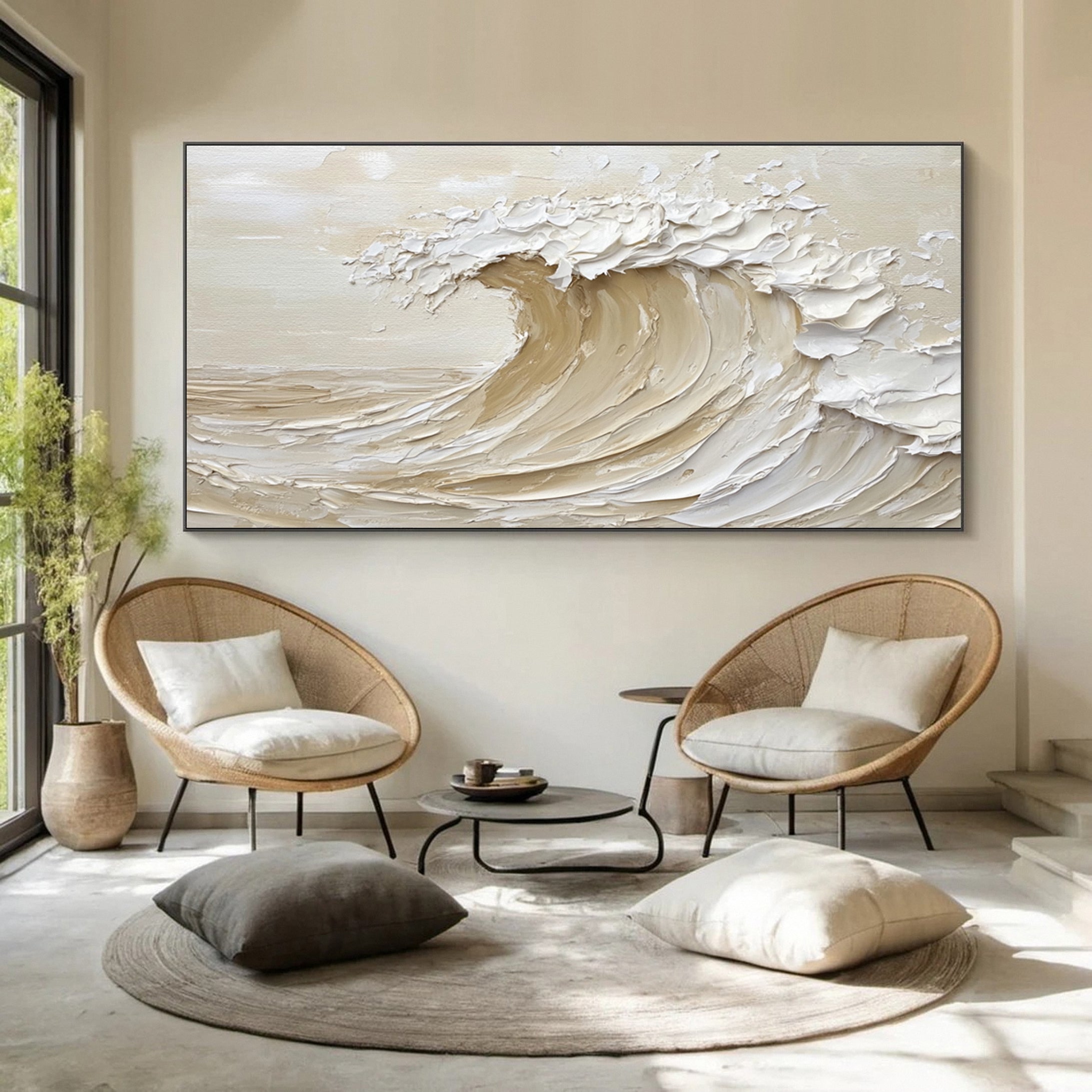 Luxury Coastal Wave Canvas Art Neutral Textured Painting #OP045