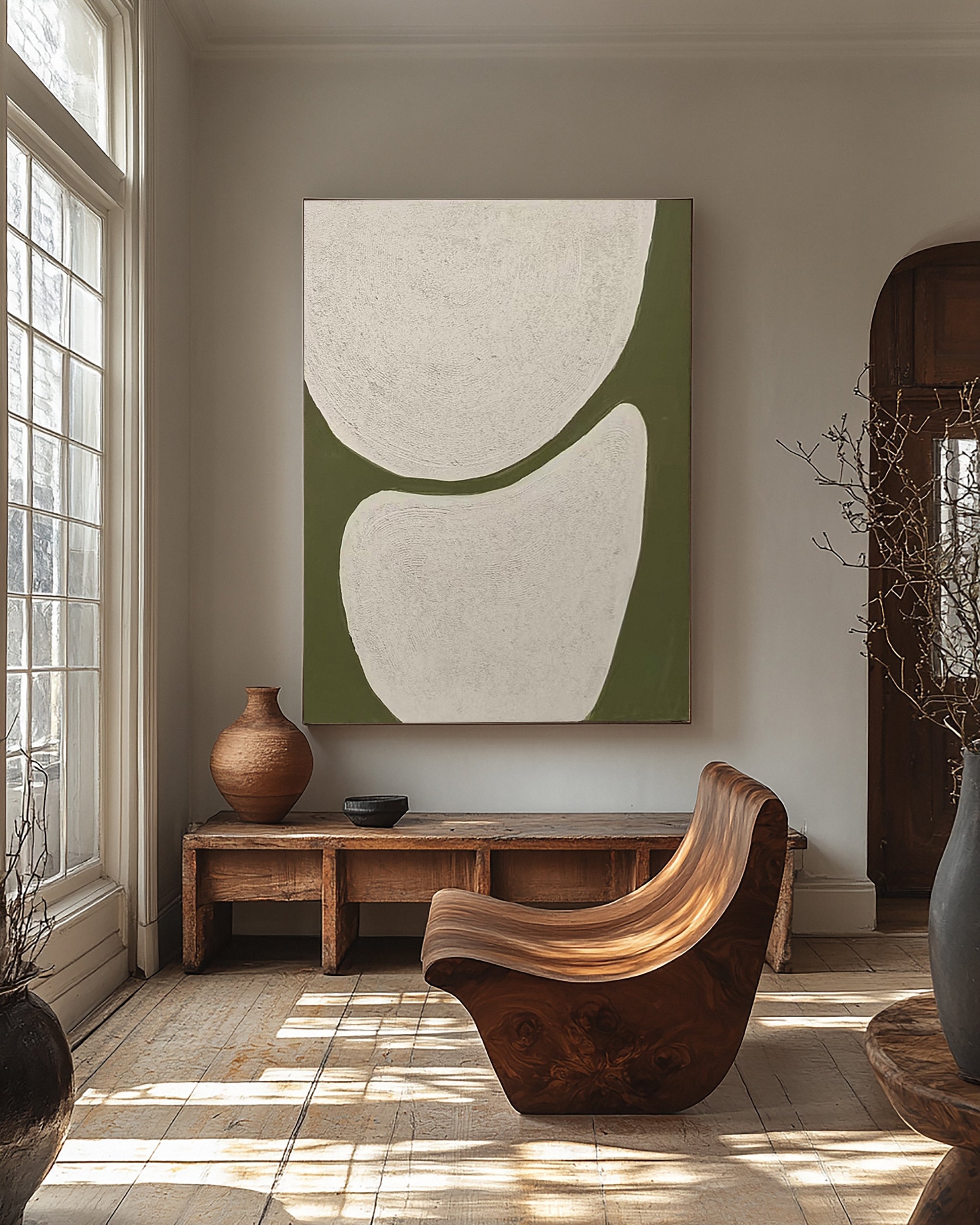 Minimalist Art with Textured Shapes in Olive and White #MM623