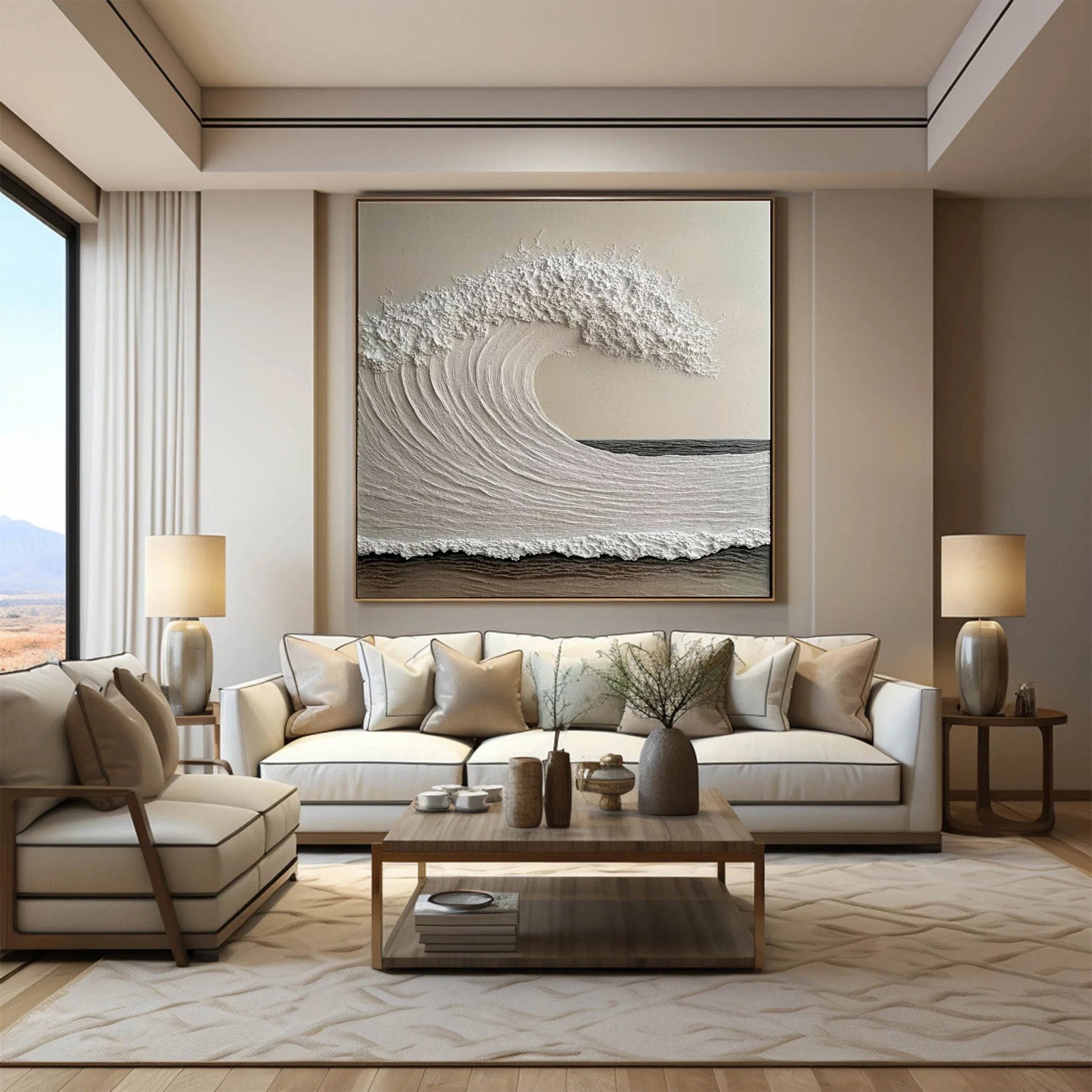 Neutral Wave Canvas Oversized Textured Coastal Wall Art #OP047