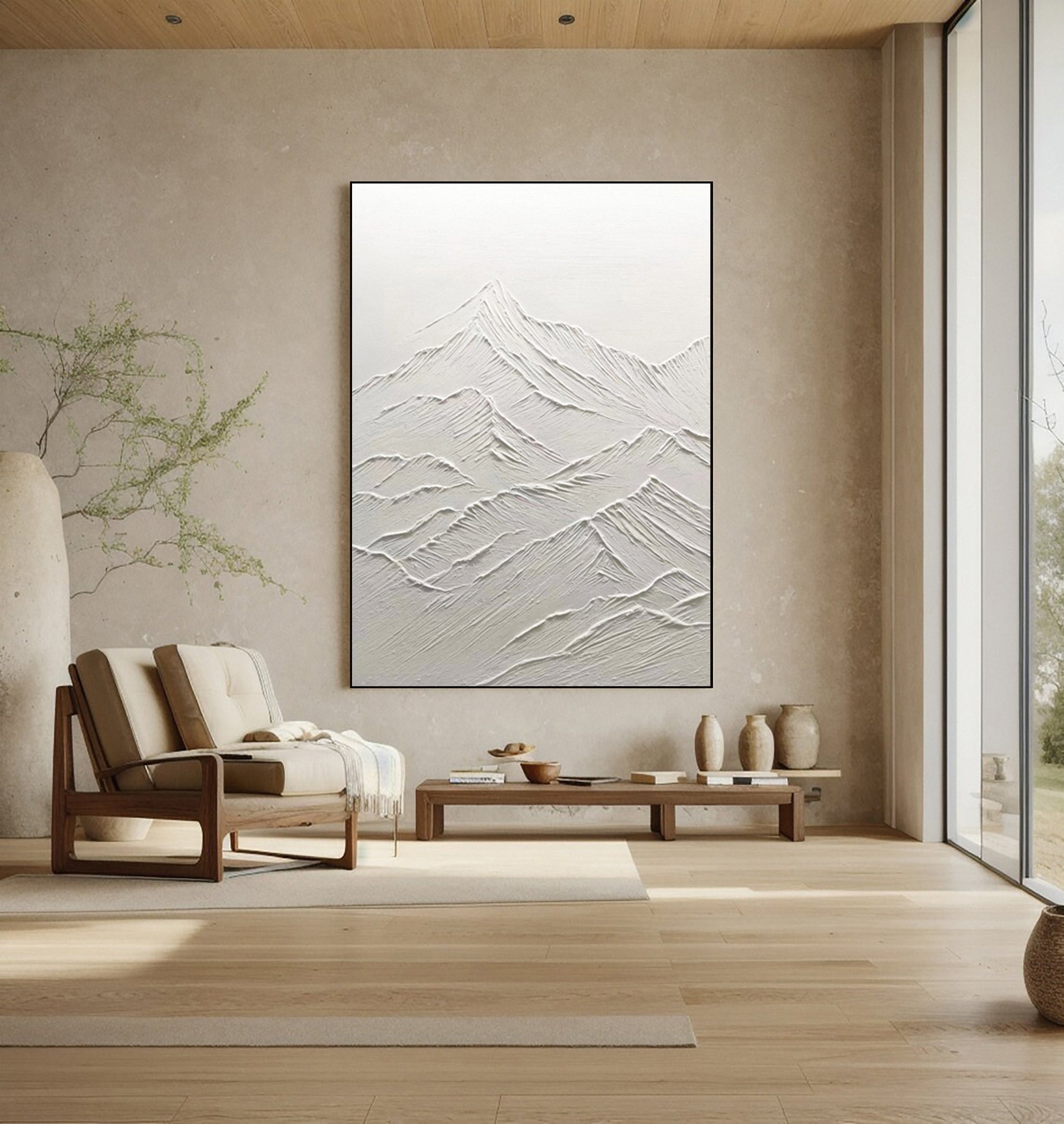 Ethereal White Peaks: Contemporary Canvas with Mountain Forms #MM625
