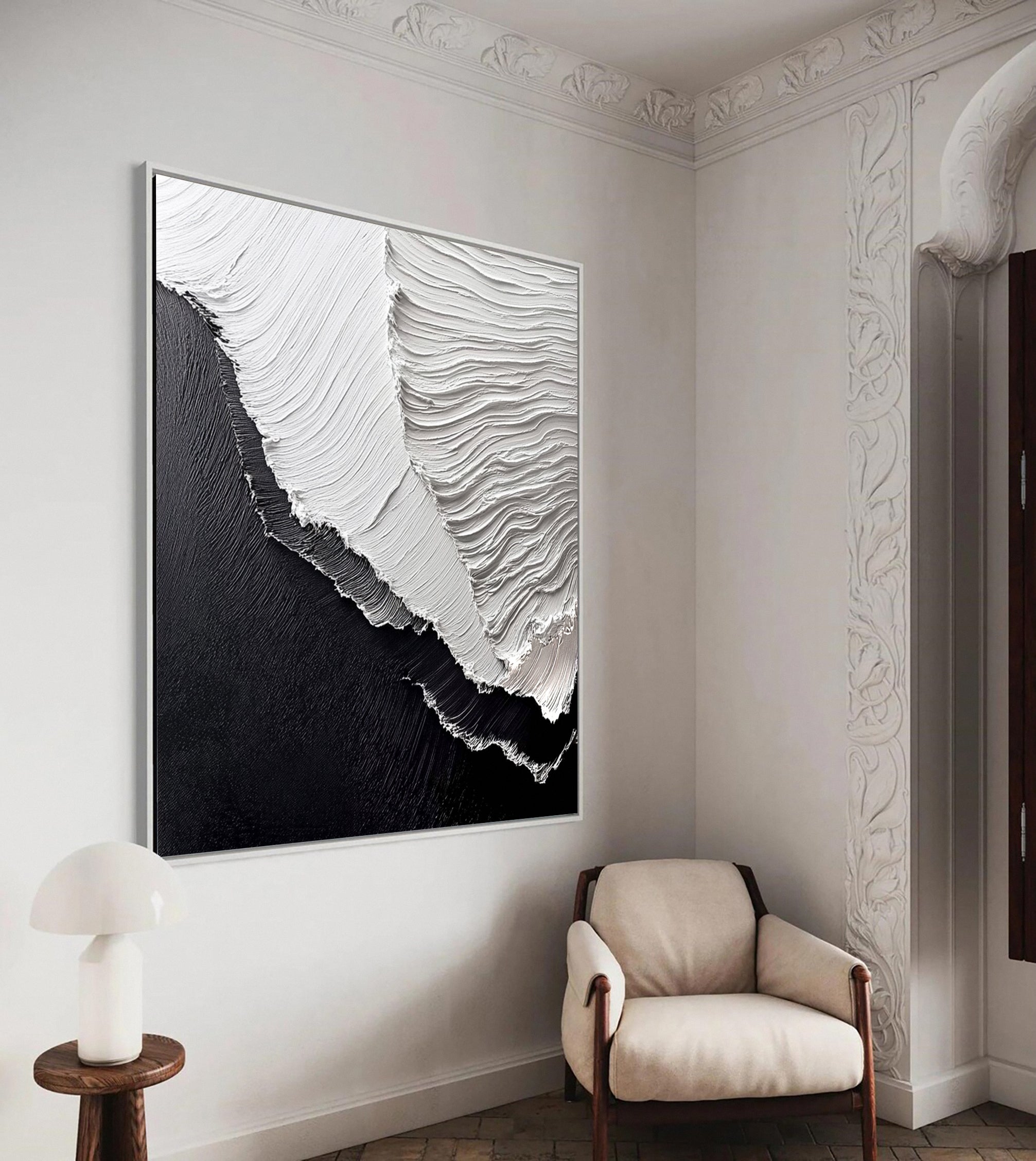 Waves Textured Canvas Black and White Abstract Art #OP039