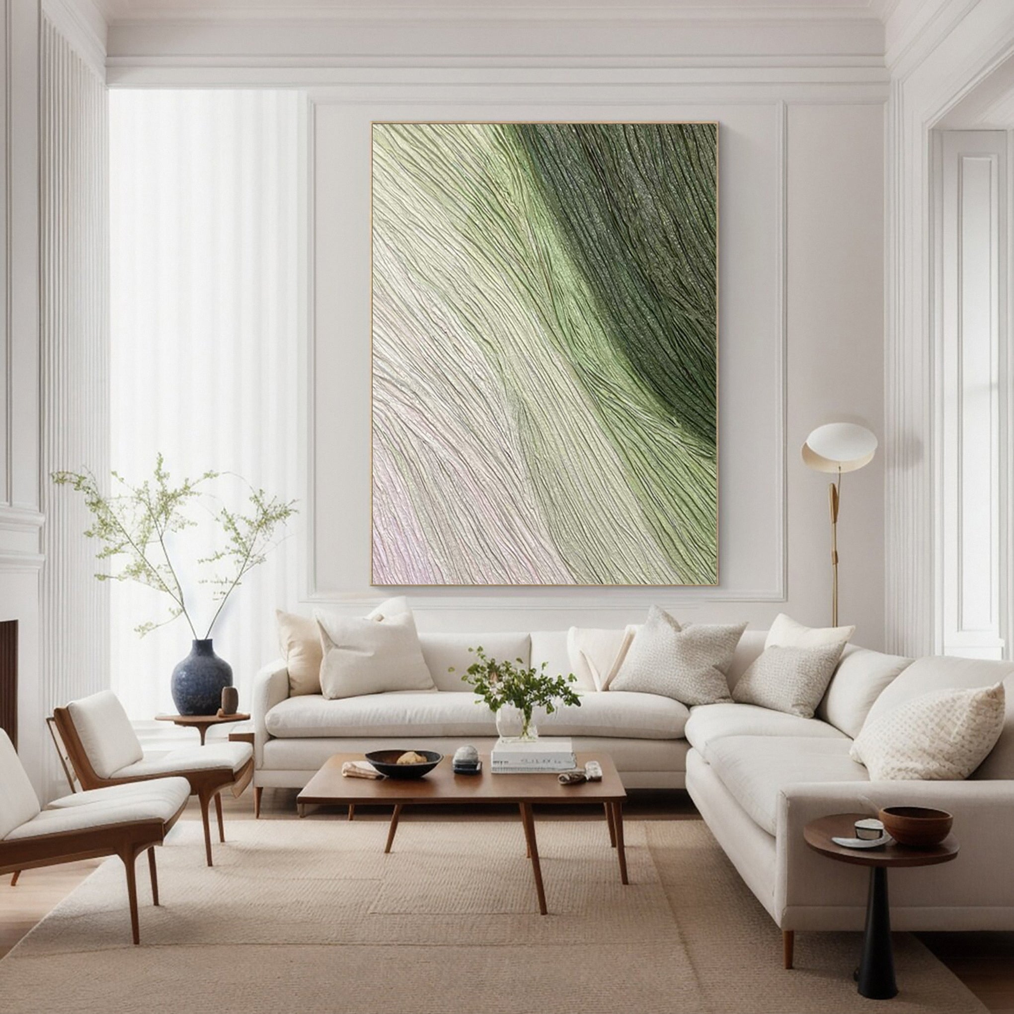 Contemporary Abstract Art with Gentle Green and Neutral Lines #MM633