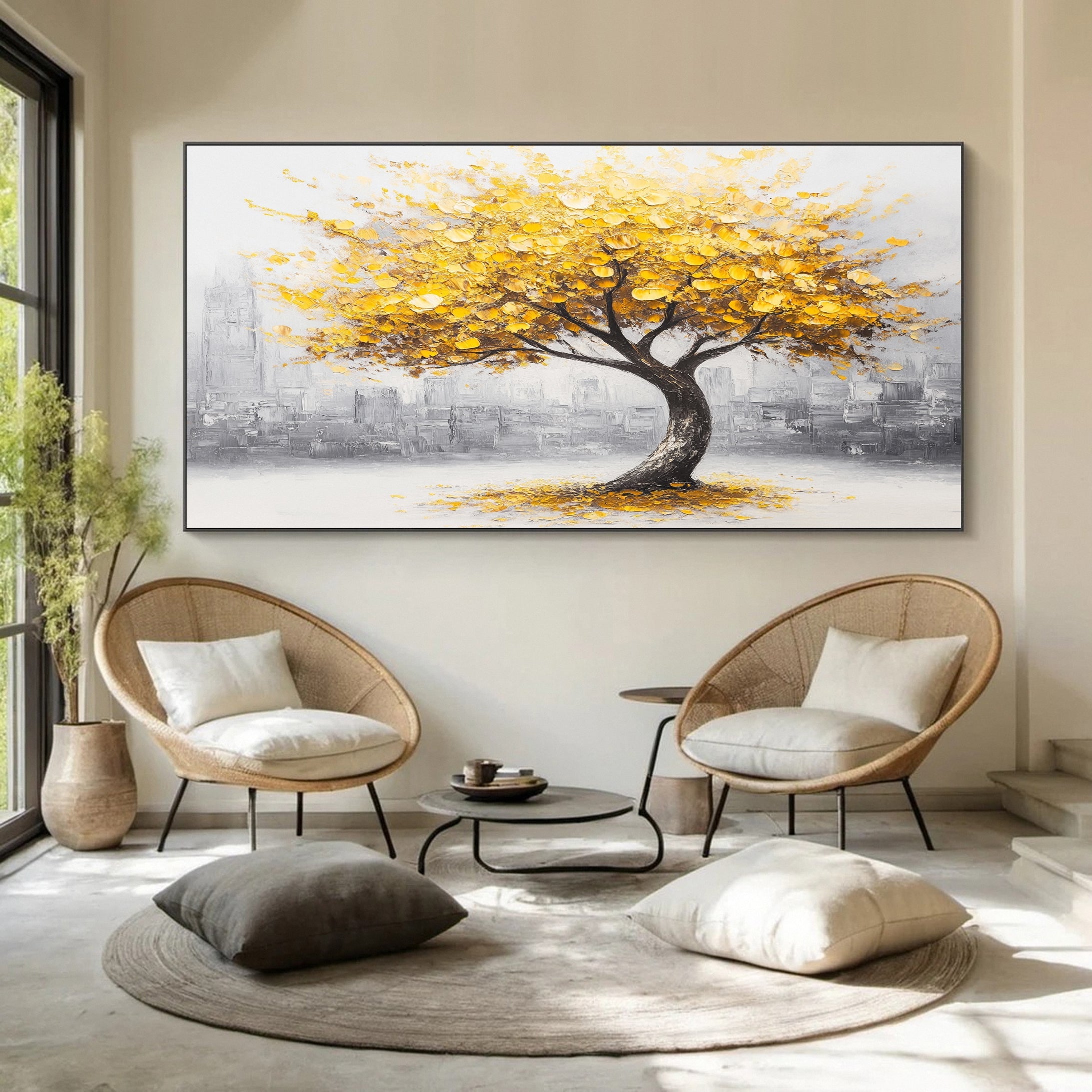 Modern Tree in City Artwork Warm Tones and Urban Charm #TP033