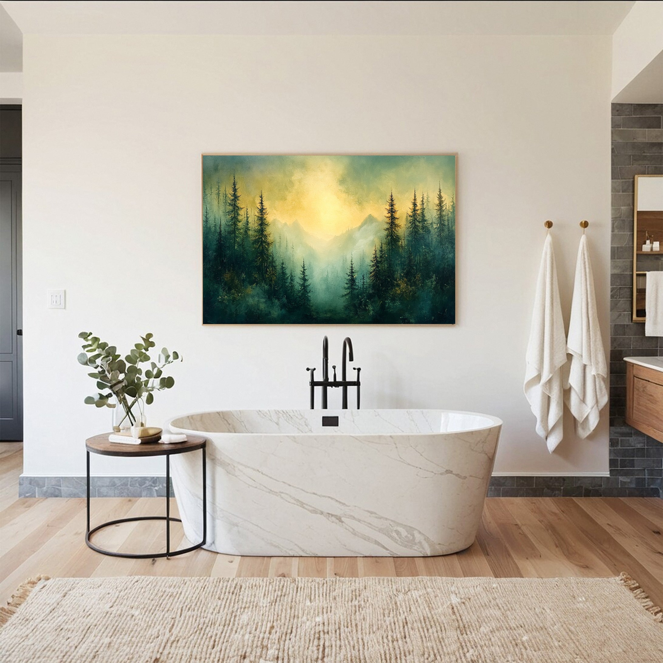 Serene Forest Landscape Wall Art Sunrise Canvas Painting #TP035