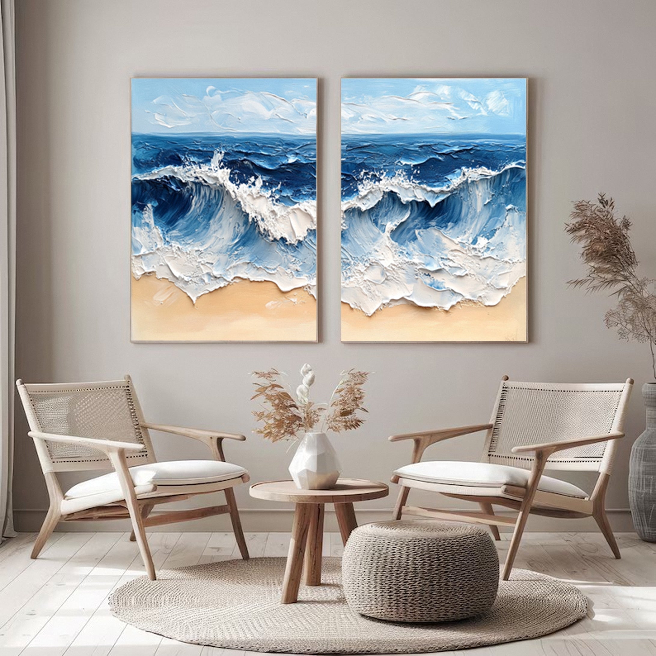 Ocean Wave Diptych Textured Abstract Coastal Canvas Art #OP033