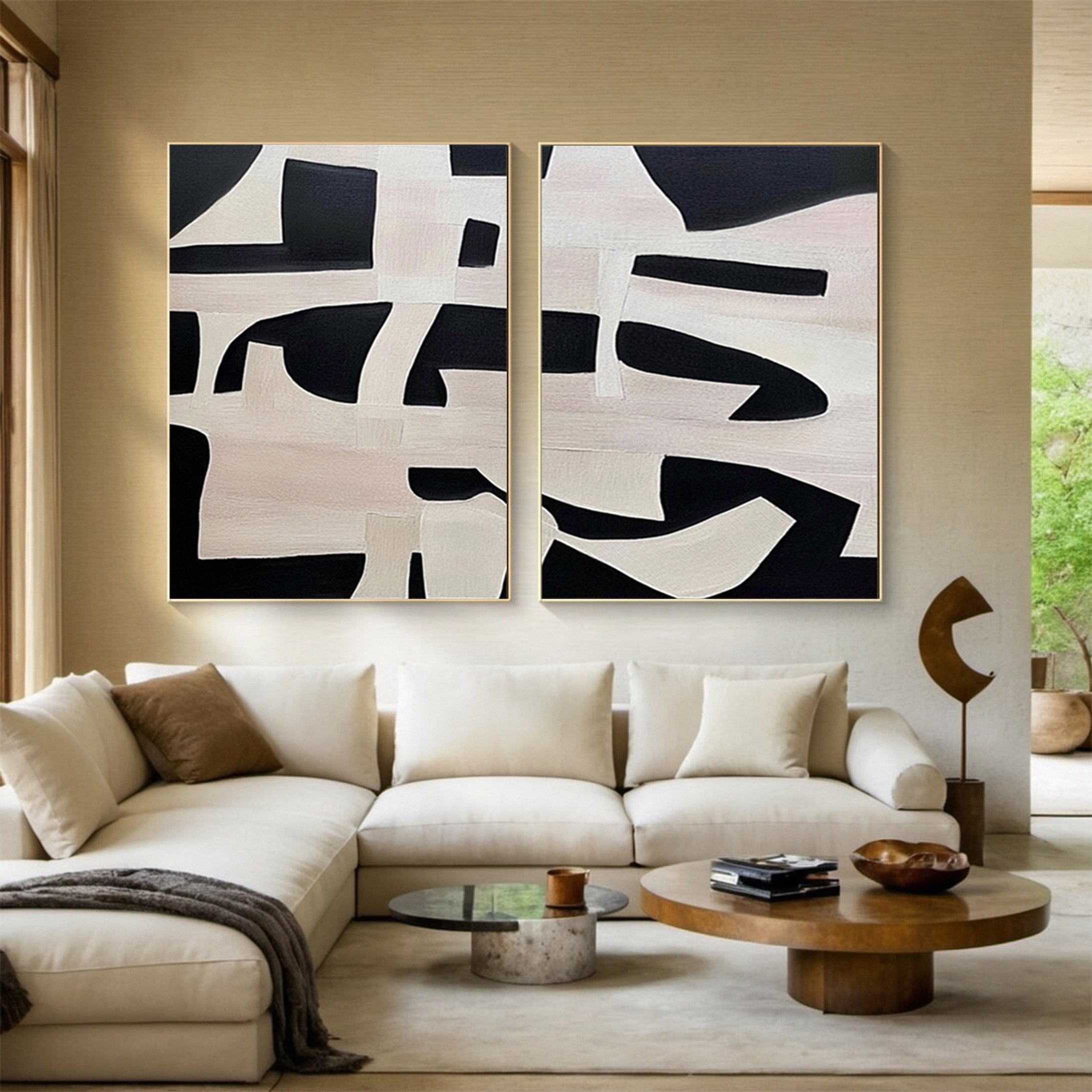 Abstract Neutral Wall Art Minimalist Black and Beige Diptych #MMS057