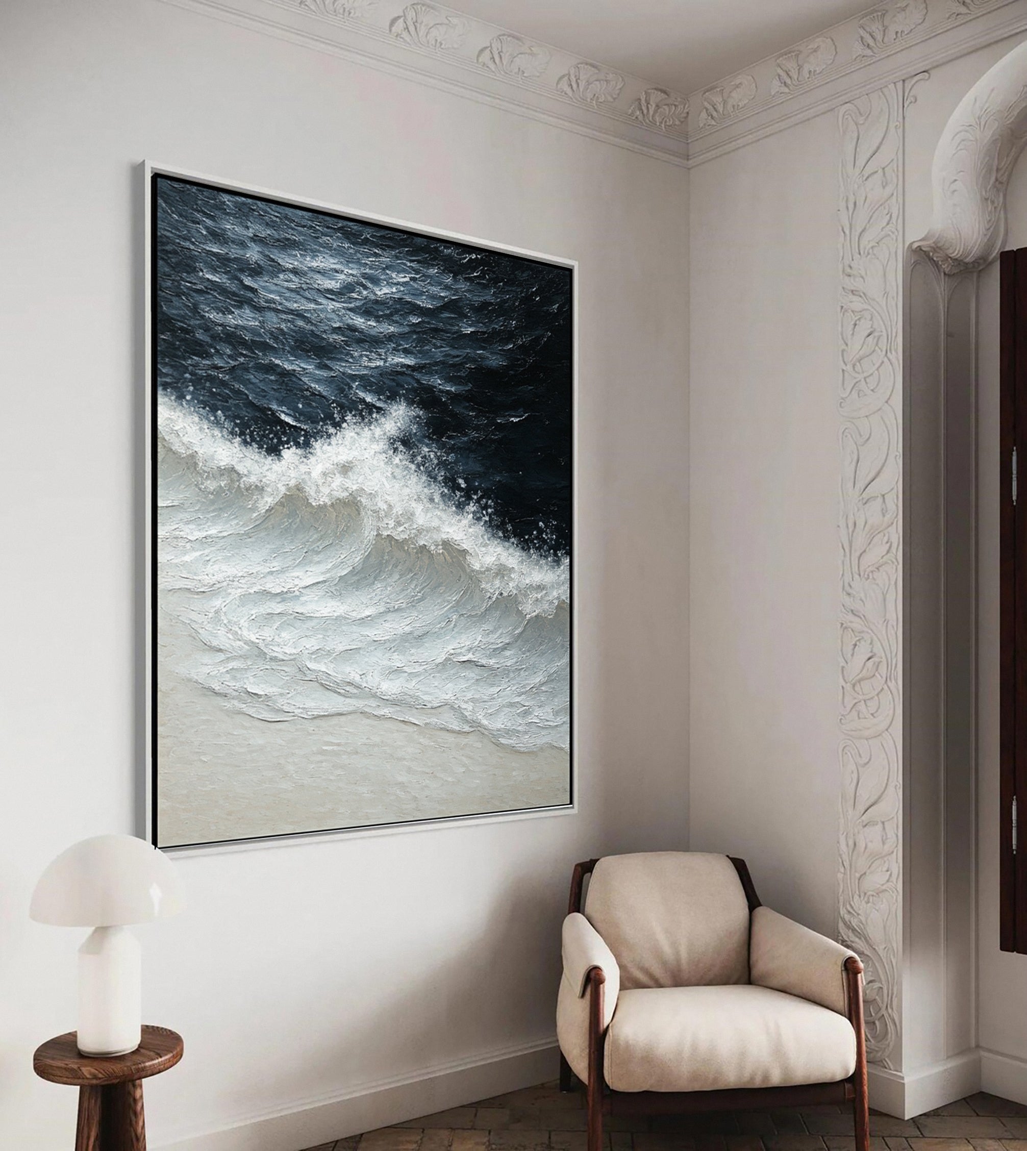 Modern Coastal Wall Art White Textured Ocean Canvas #OP037