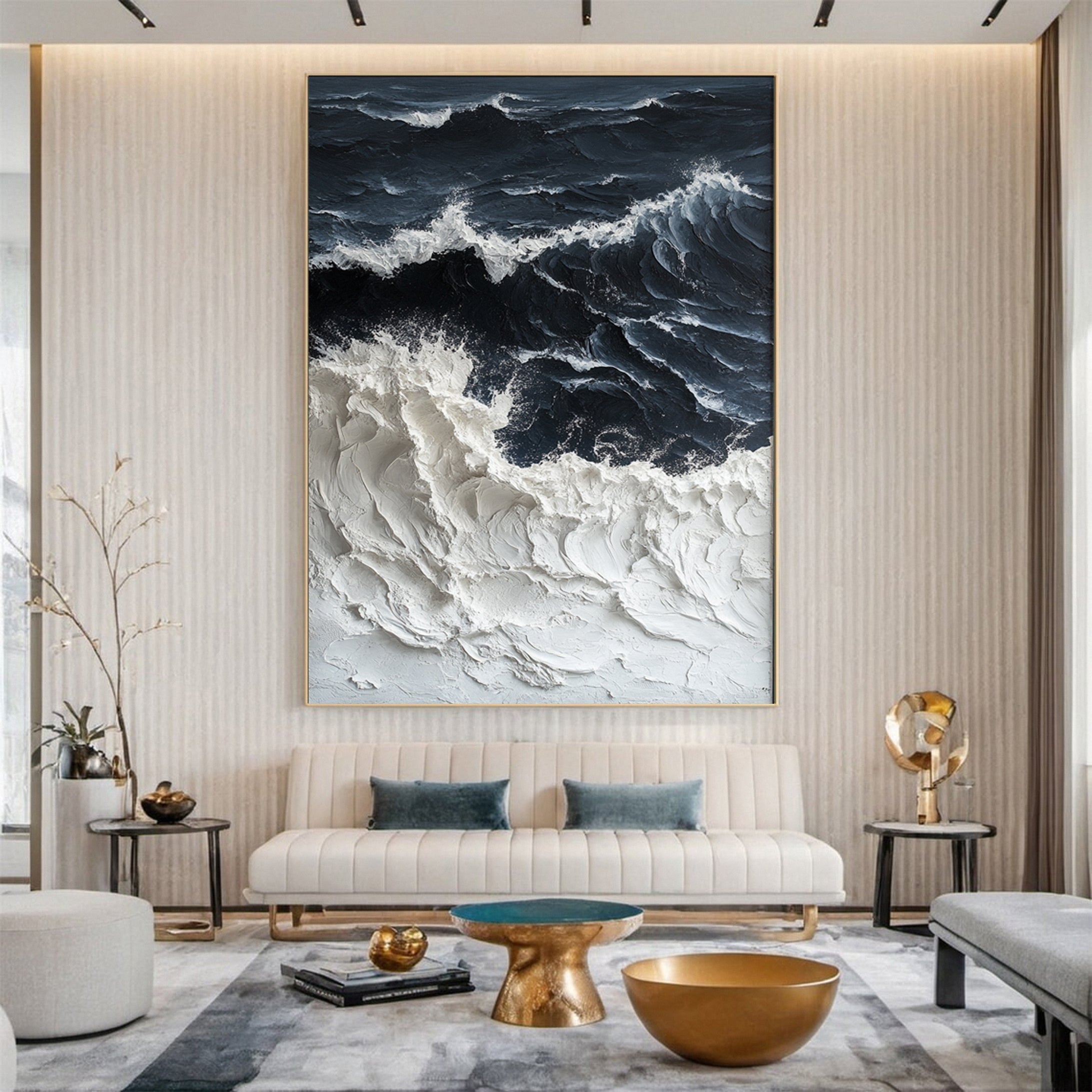 Abstract Black and White Wall Art Textured Ocean Canvas #OP041