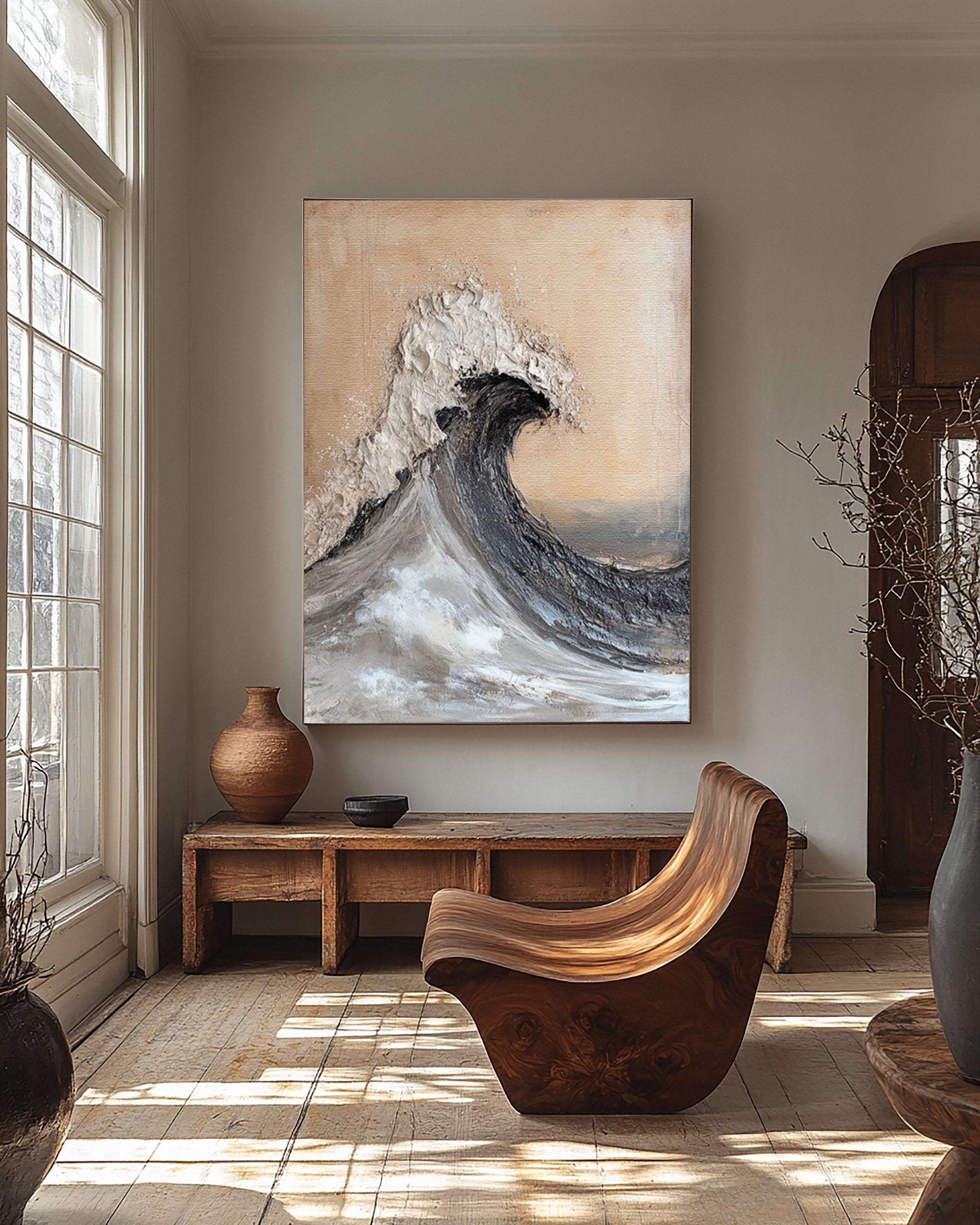 Textured Coastal Curl: Ocean Wave Canvas with Foaming Detail #MM629