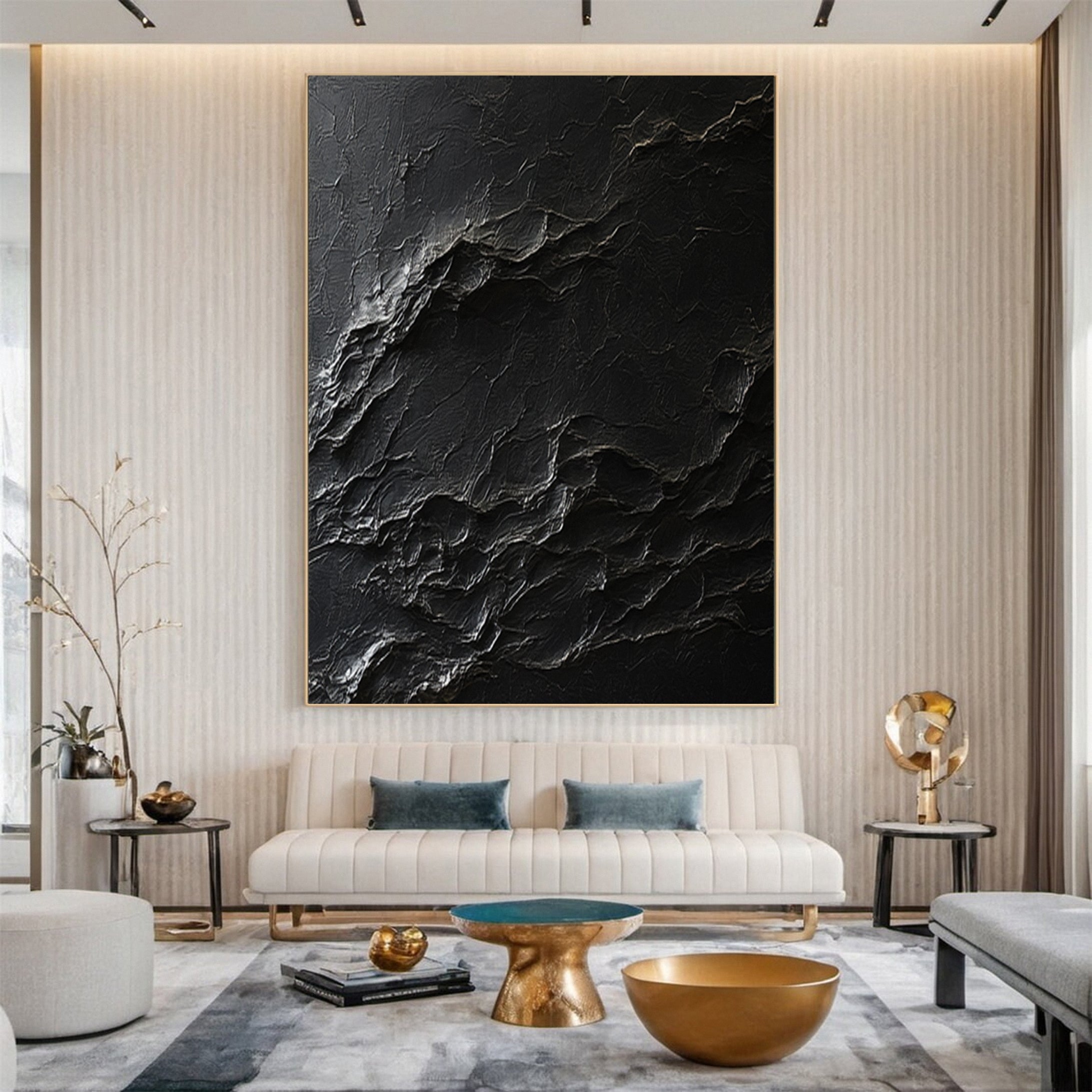 Black Textured Canvas Art Contemporary Minimalist Decor #MM122