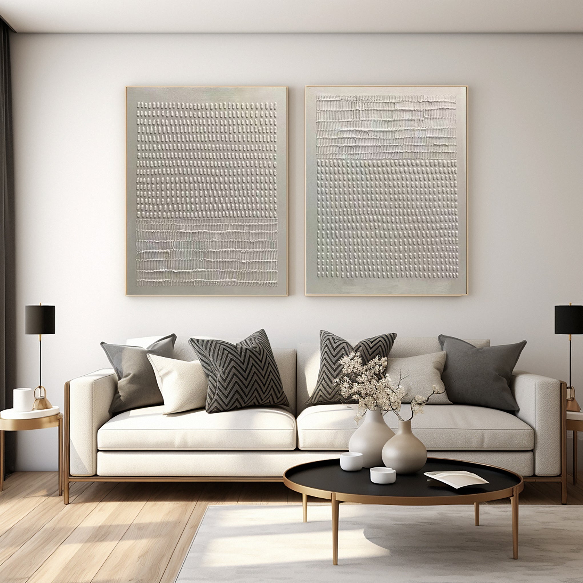 Organic Linear Impressions:Modern Diptych with Textured Bands #MM624