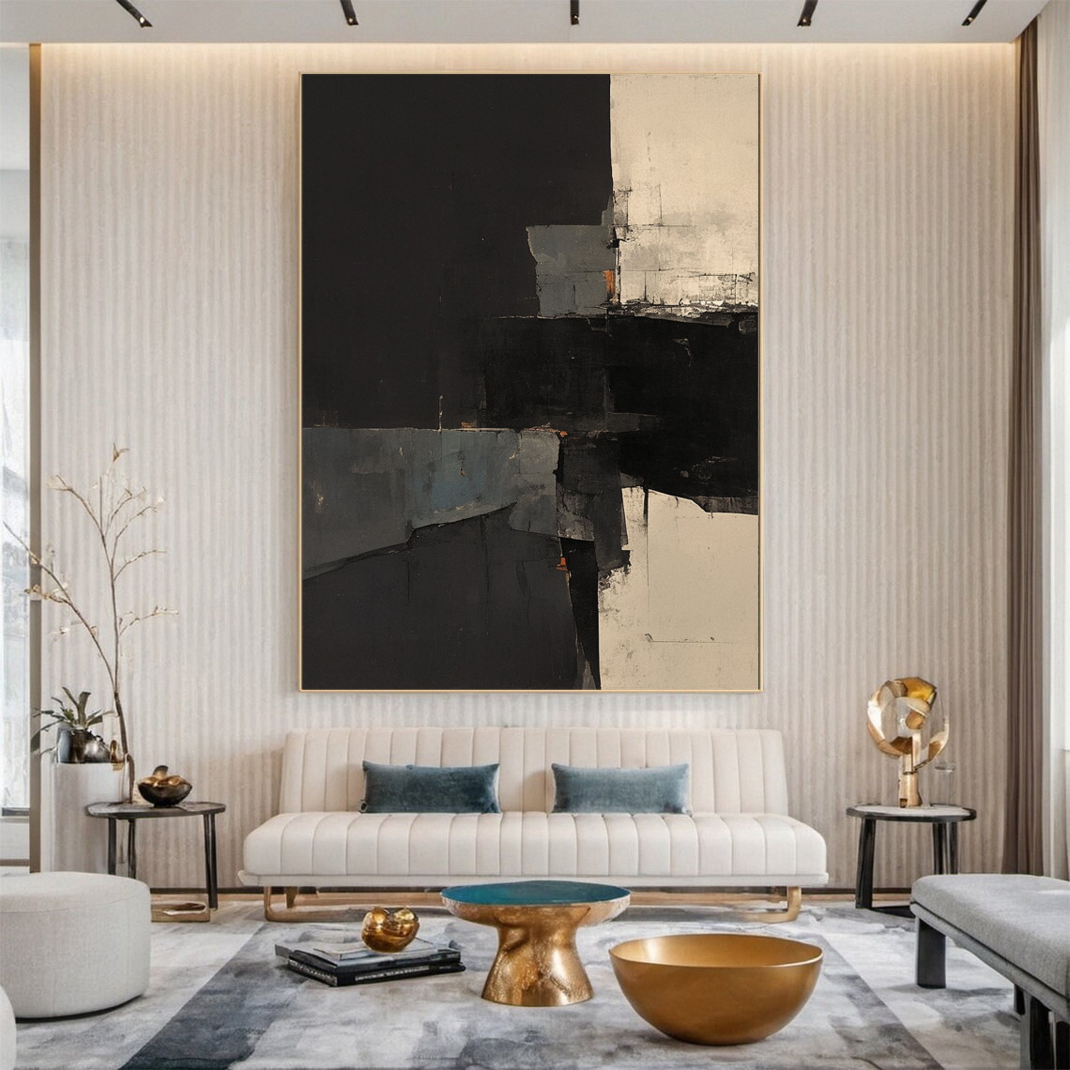 Modern Abstract Painting in Black and Beige