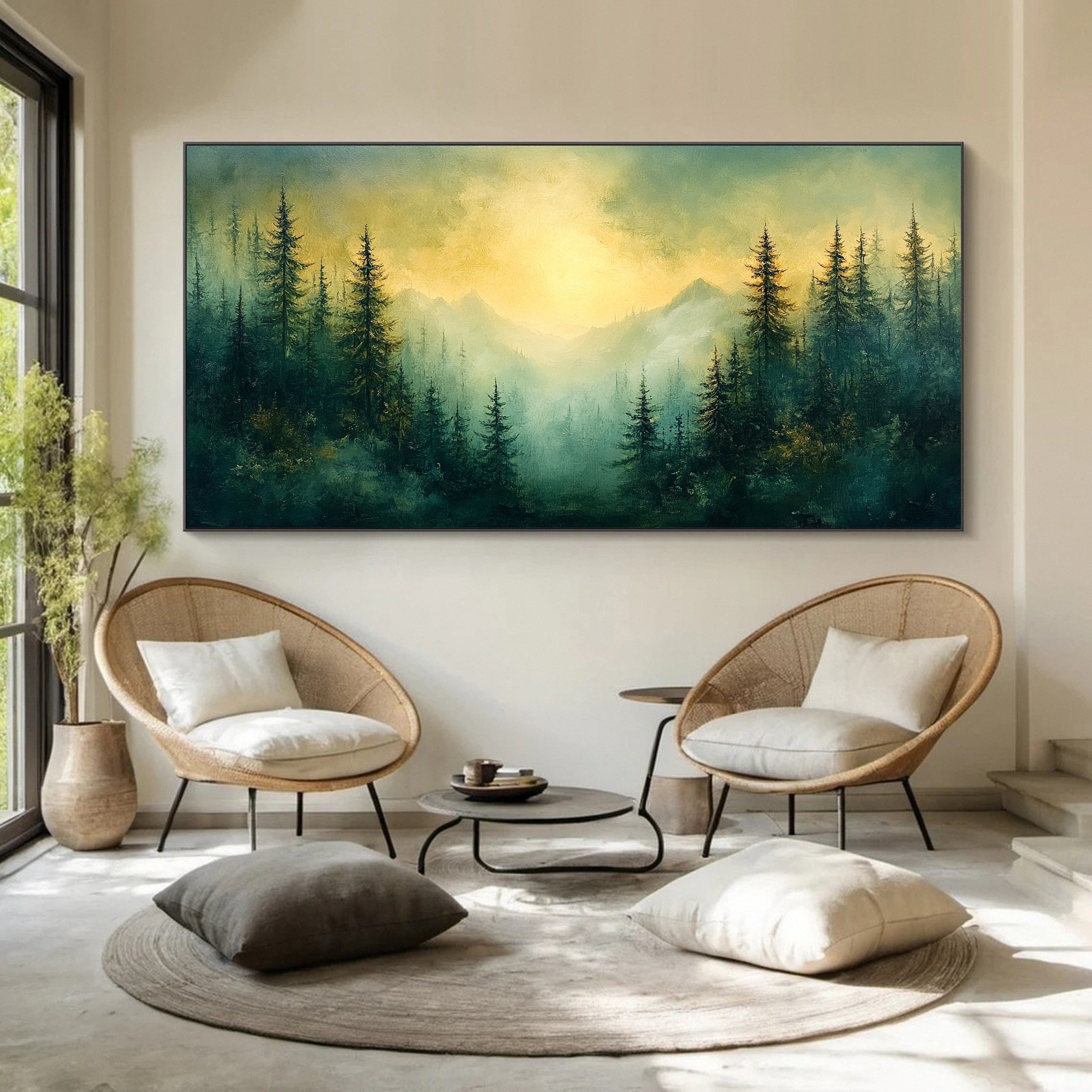 Serene Forest Landscape Wall Art Sunrise Canvas Painting #TP035