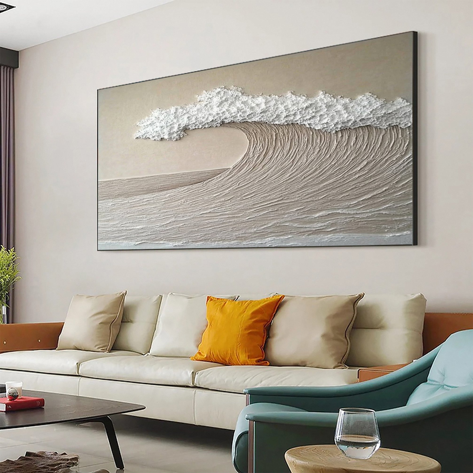 Minimalist Wave Wall Art Textured Neutral Coastal Canvas #OP044