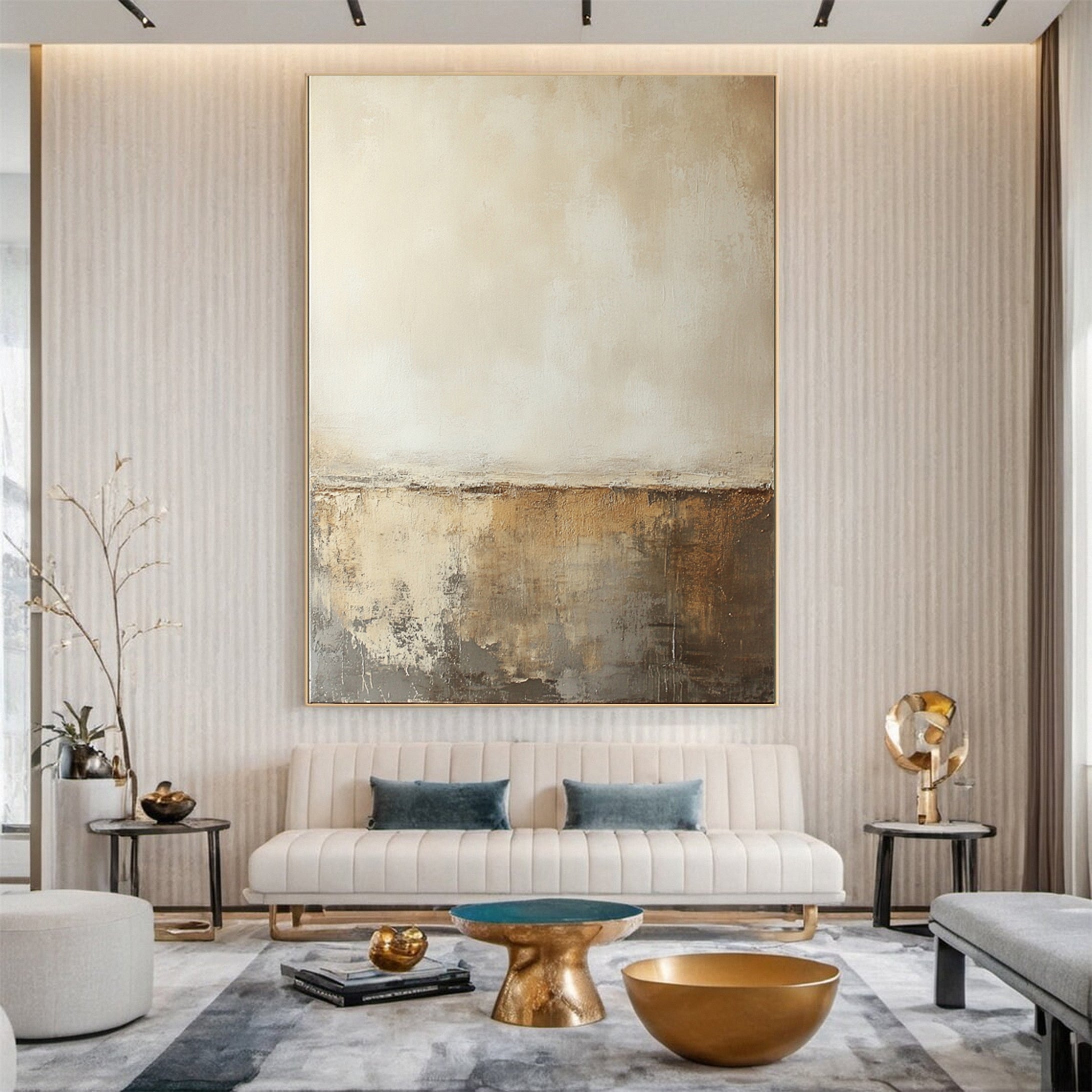 Neutral Abstract Art with Gold Metallic Accents