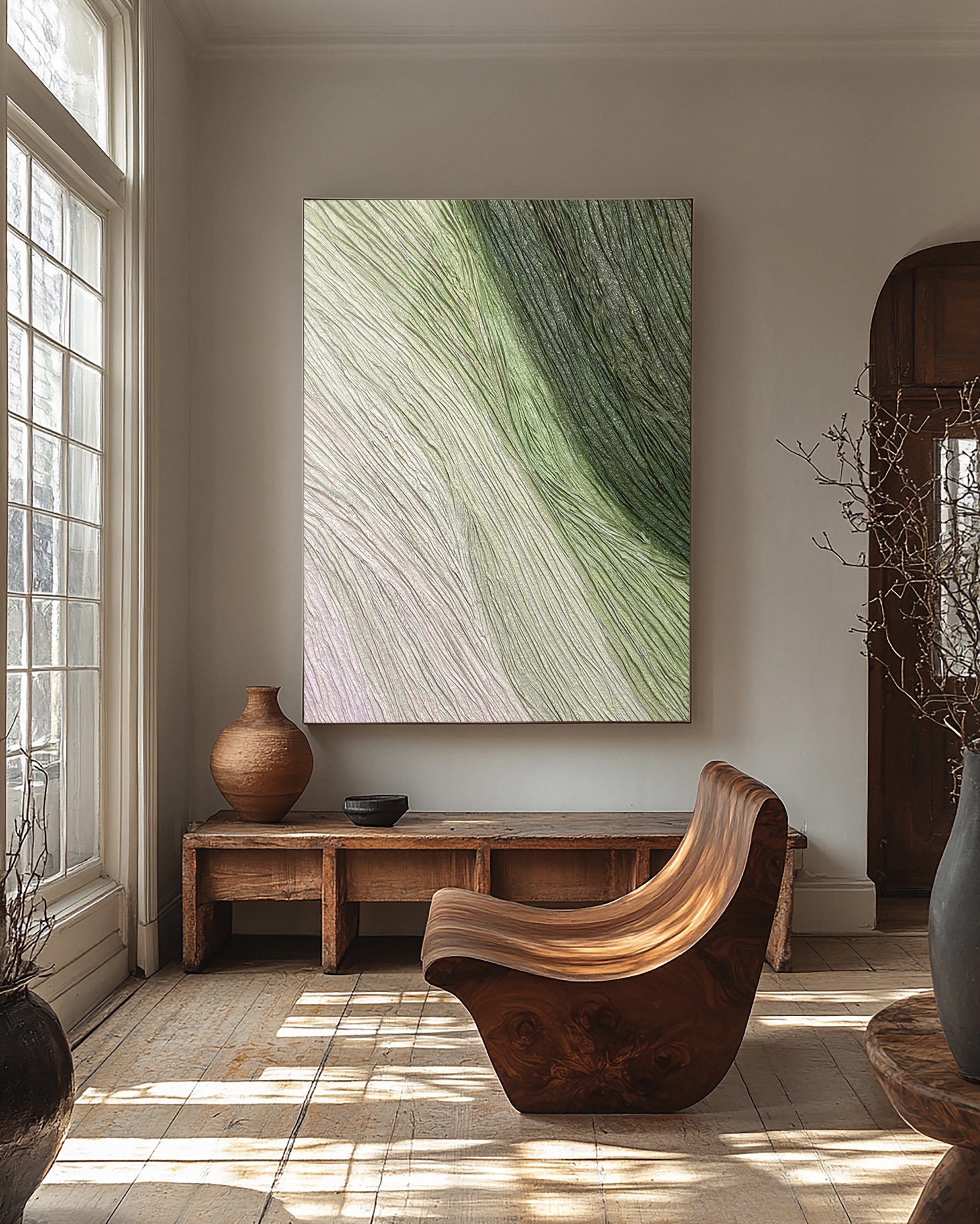 Contemporary Abstract Art with Gentle Green and Neutral Lines #MM633