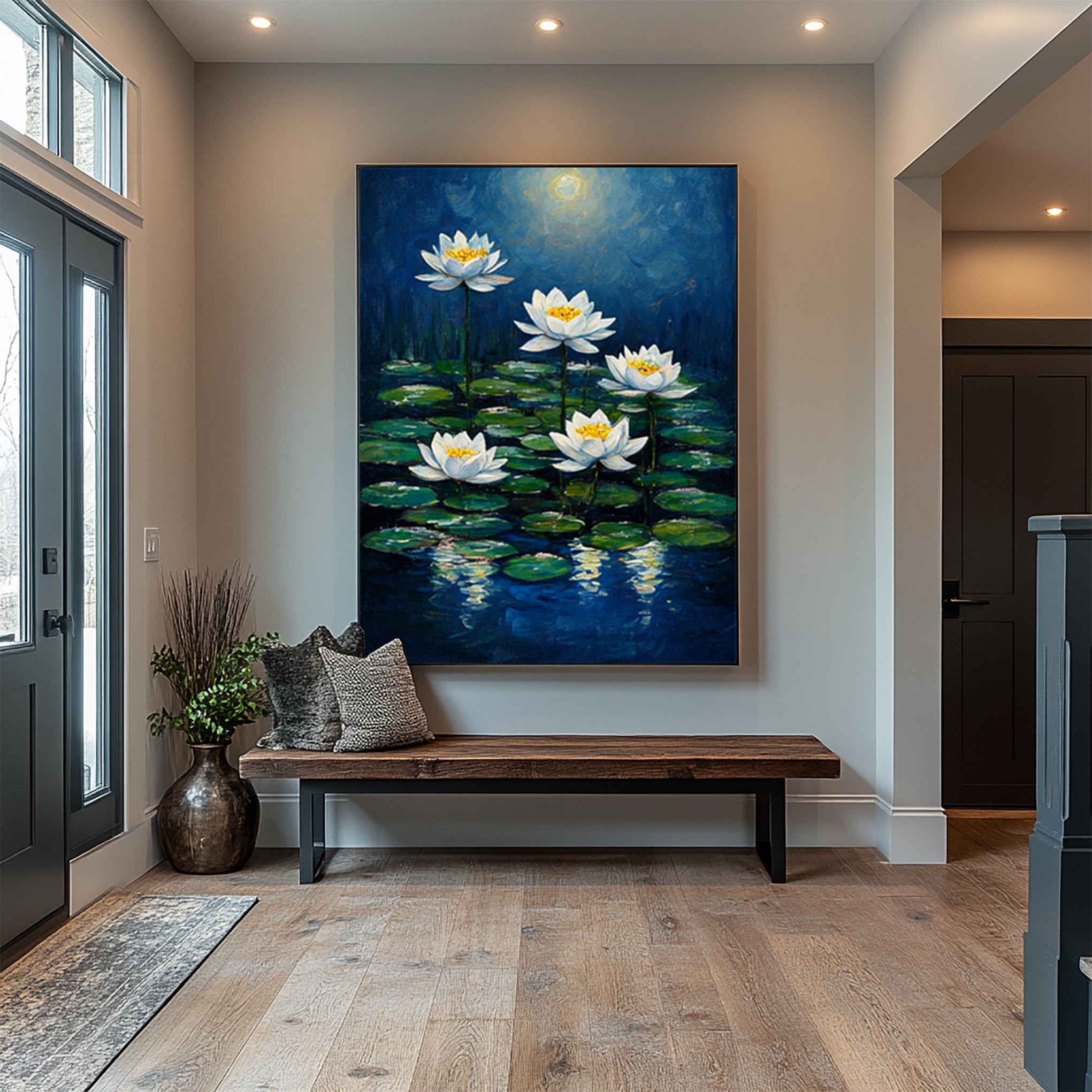 Moonlit Water Lilies: Serene Night Painting with Blooms on Pond #MM644