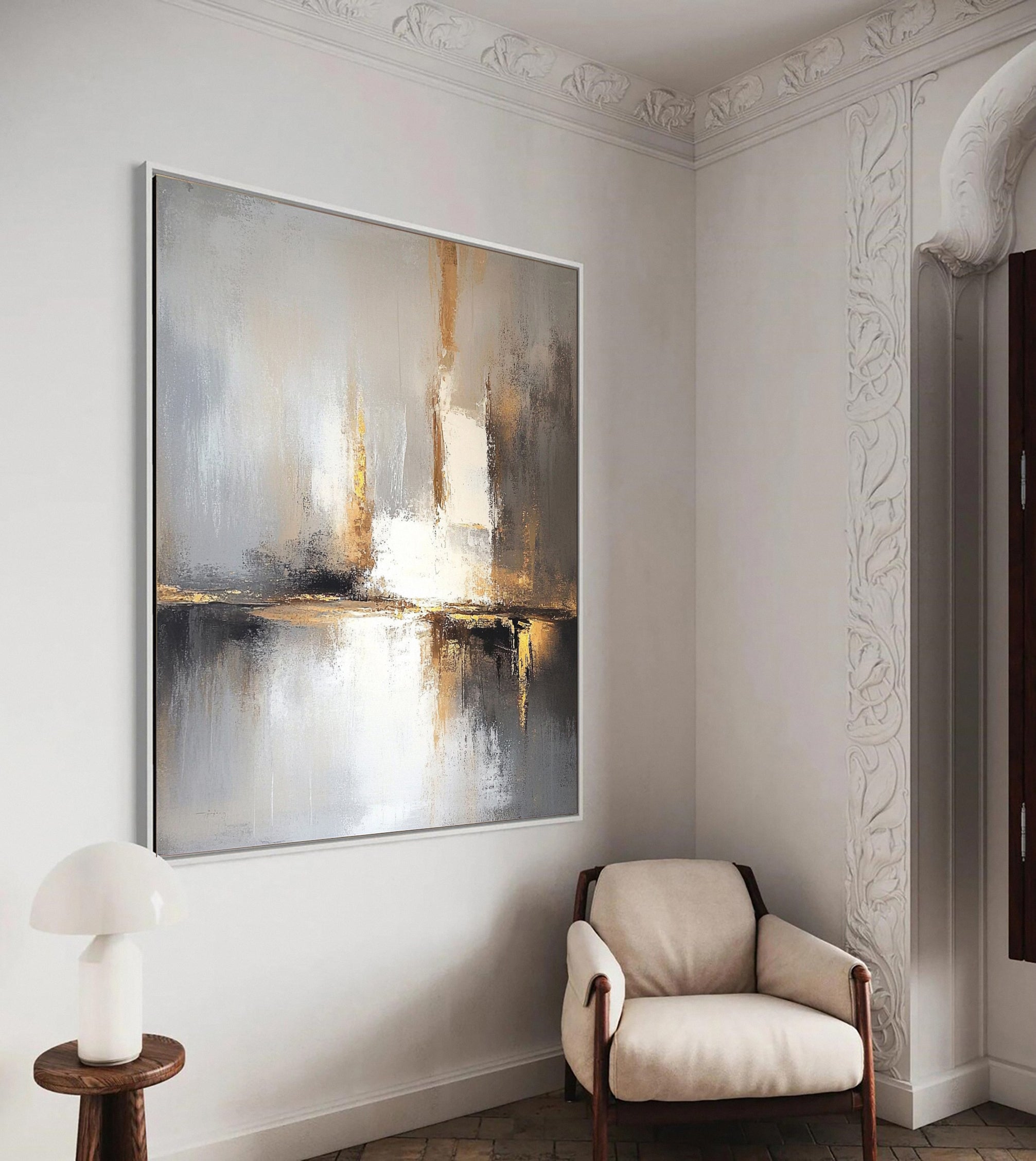 Elegant Abstract Painting in Gold and Grey Tones #AB054