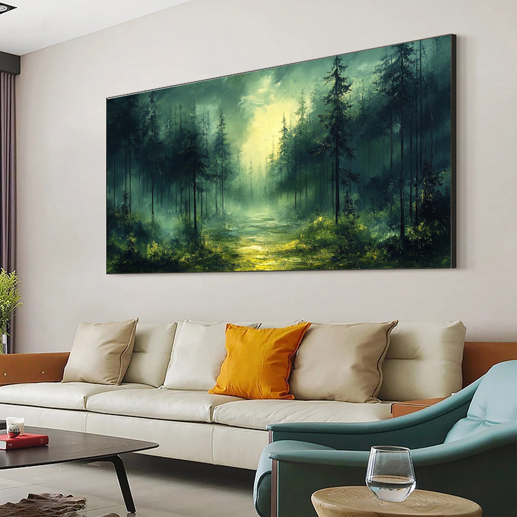 Green Forest Sunrise Canvas Large Landscape Wall Art for Home #TP036