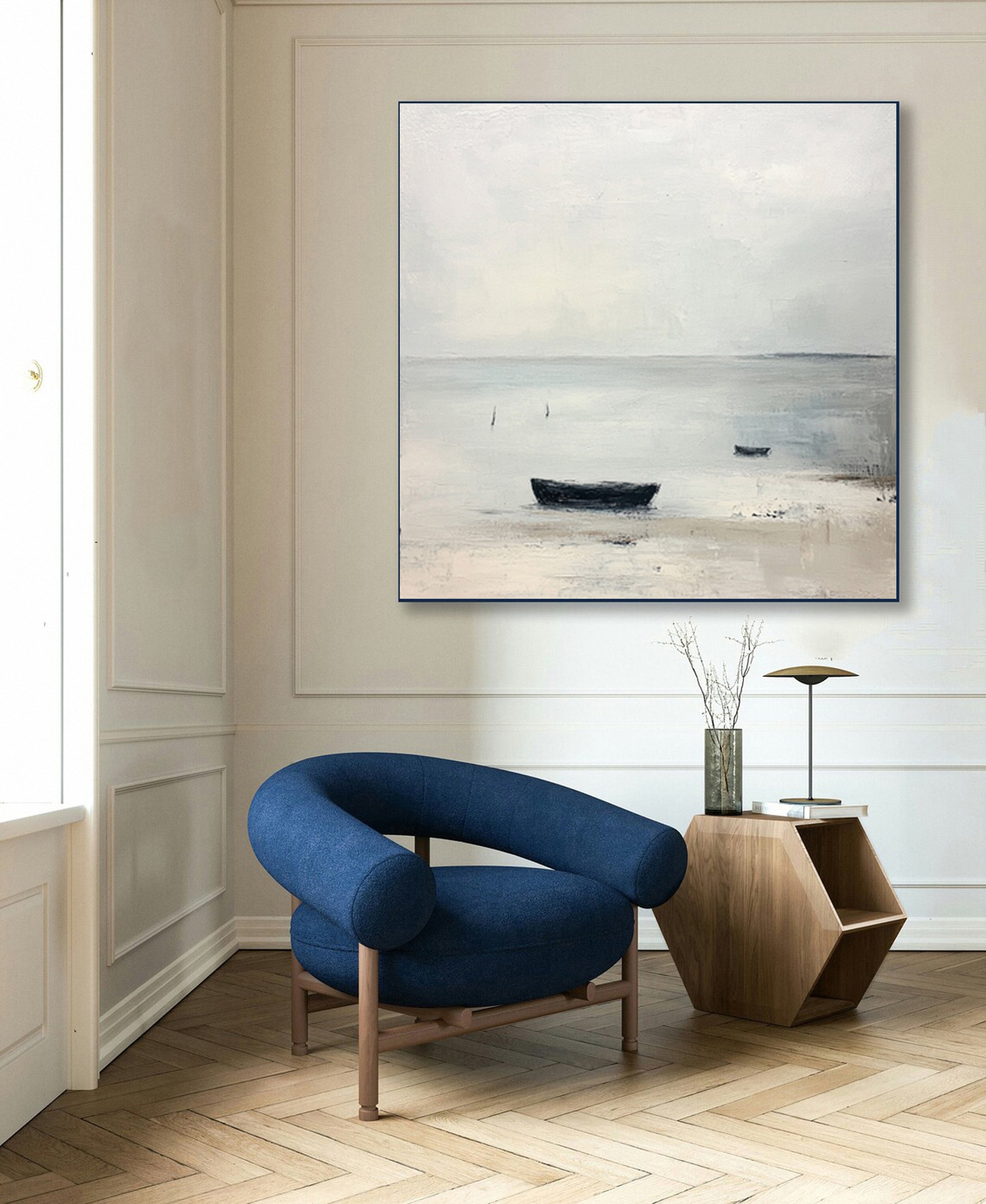Quiet Coastal Solitude: Minimalist Beach Painting with Rowboat #MM631
