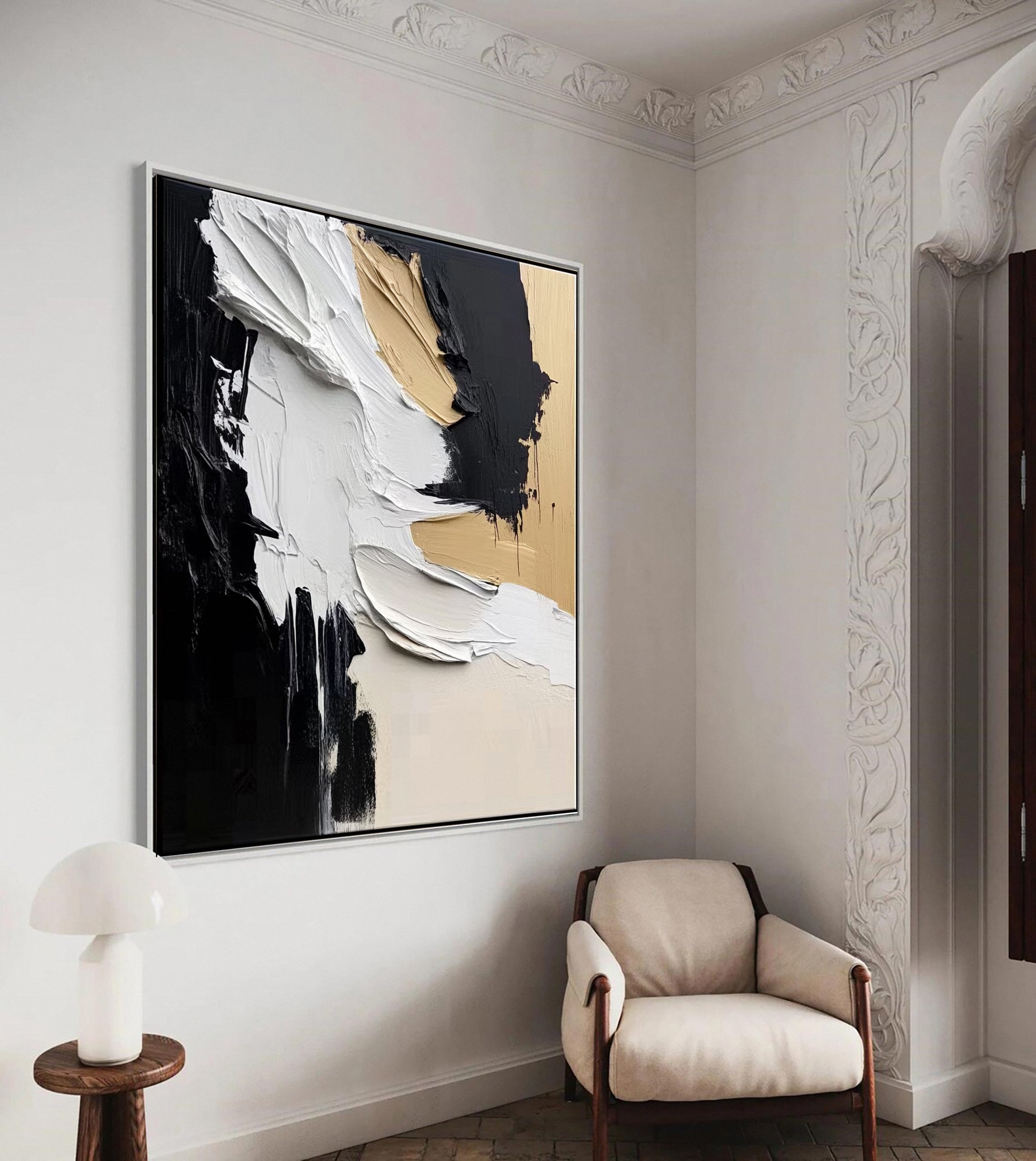 Modern Abstract Black & Beige Canvas Art Textured Elegance #MM134