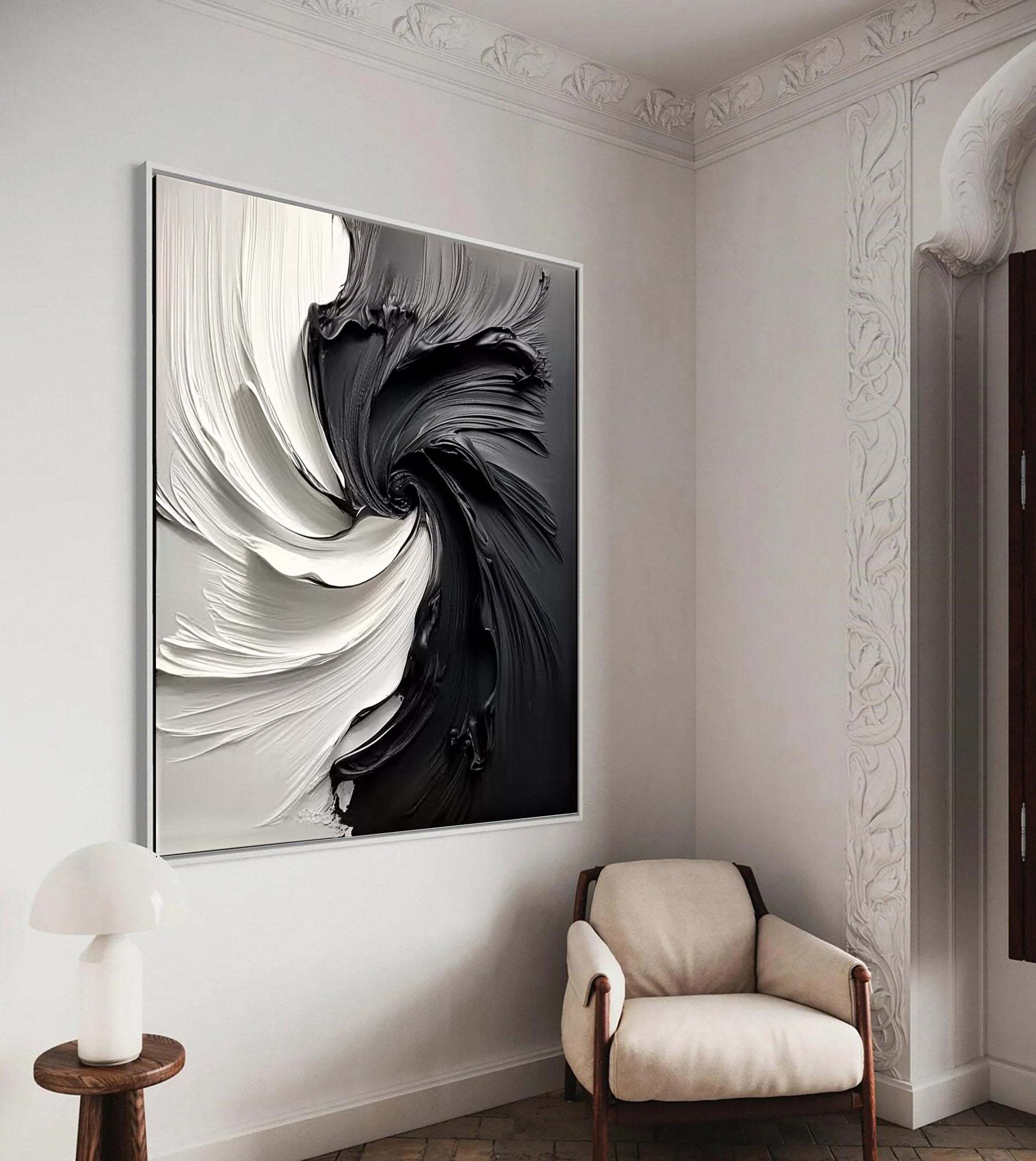 Large Black and White Abstract Swirl Canvas Wall Art #MM154