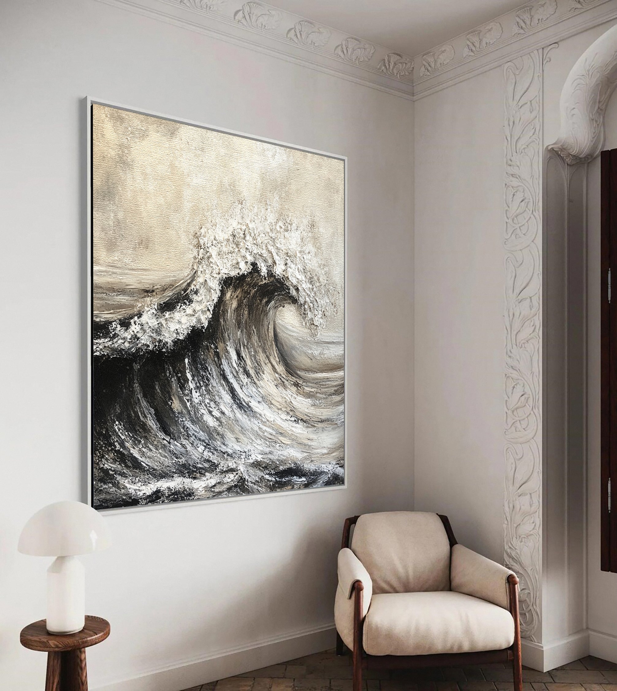 Abstract Coastal Wave Painting Textured Monochrome Canvas #OP042