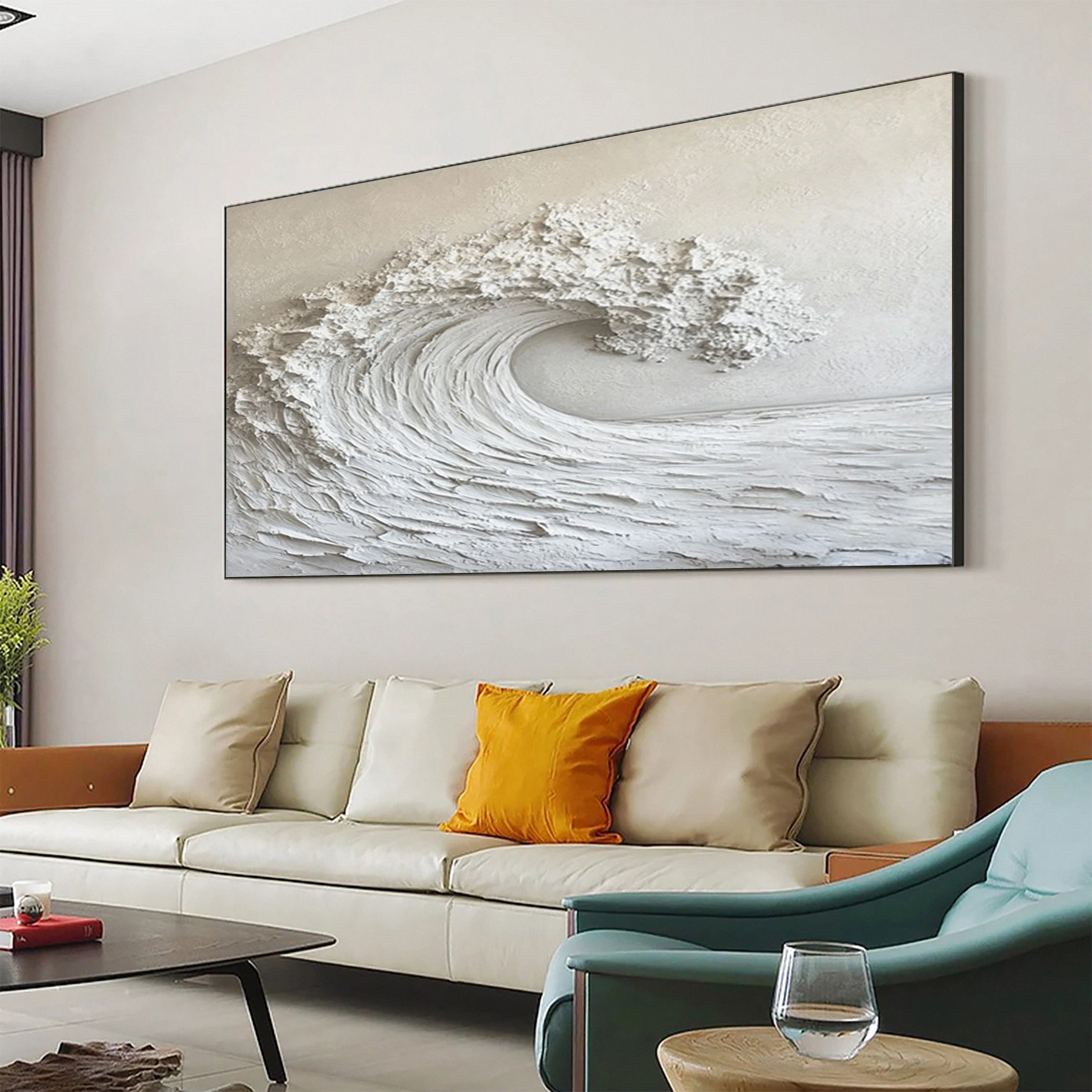 Modern Neutral Wave Art Large Coastal Canvas Decor #OP026